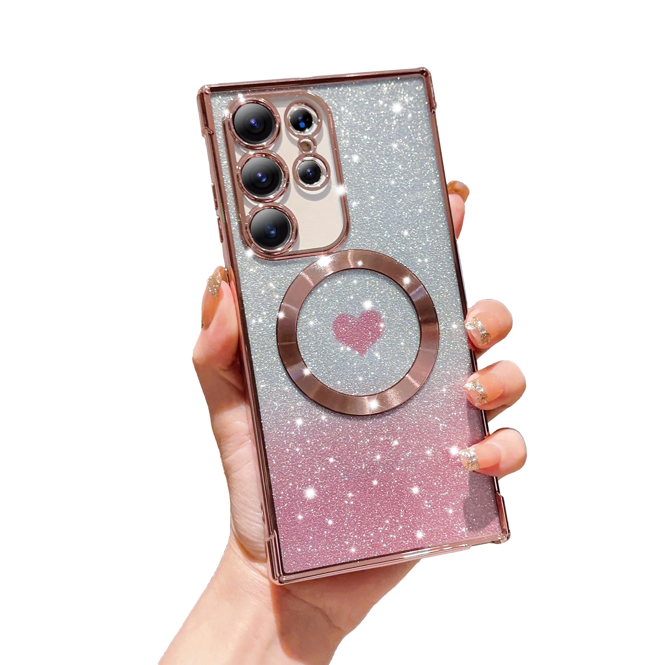 FABSPARK for Samsung Galaxy S24 Ultra Phone Case,Compatible with Magsafe,Magnetic Plating Glitter Gradient Cute Heart Clear Case,Camera Protection for