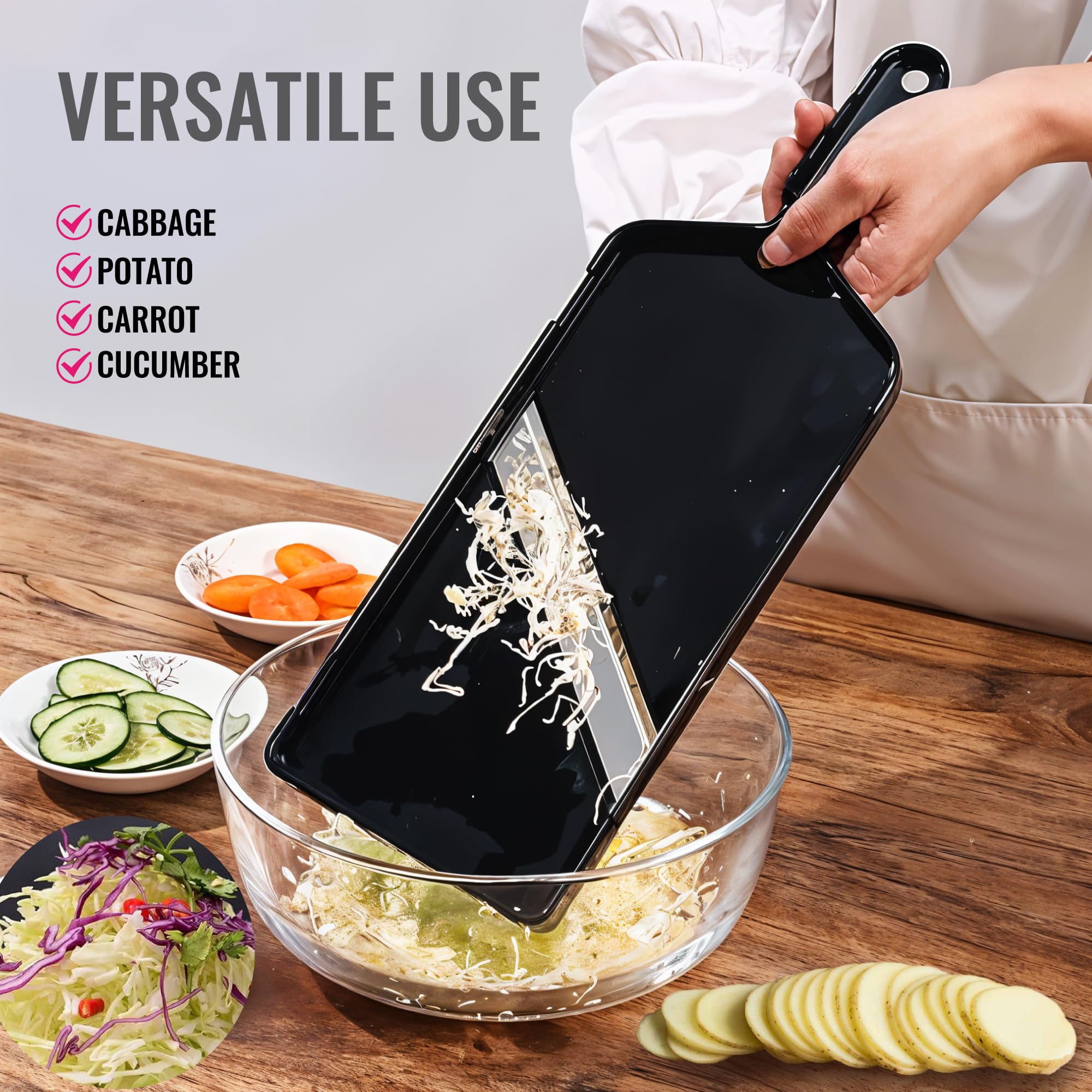 Cortador de repollo inteligente ultrafino en juliana – 0.04 pulgadas profesional fino chucrut cortador de ensalada de col hoja de acero inoxidable japonés para cortar alimentos y frutas
