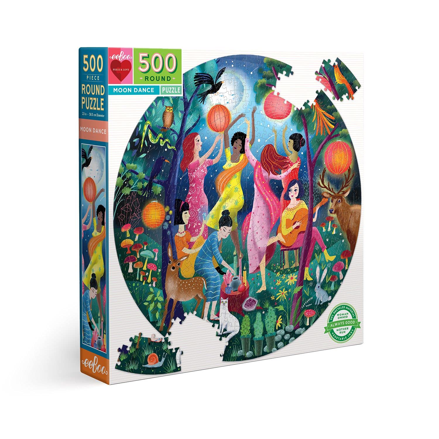 eeBoo: Piece and Love Moon Dance 500 Piece Round Circle Jigsaw Puzzle, Jigsaw Puzzle for Adults and Families, Includes Glossy and Sturdy Pieces