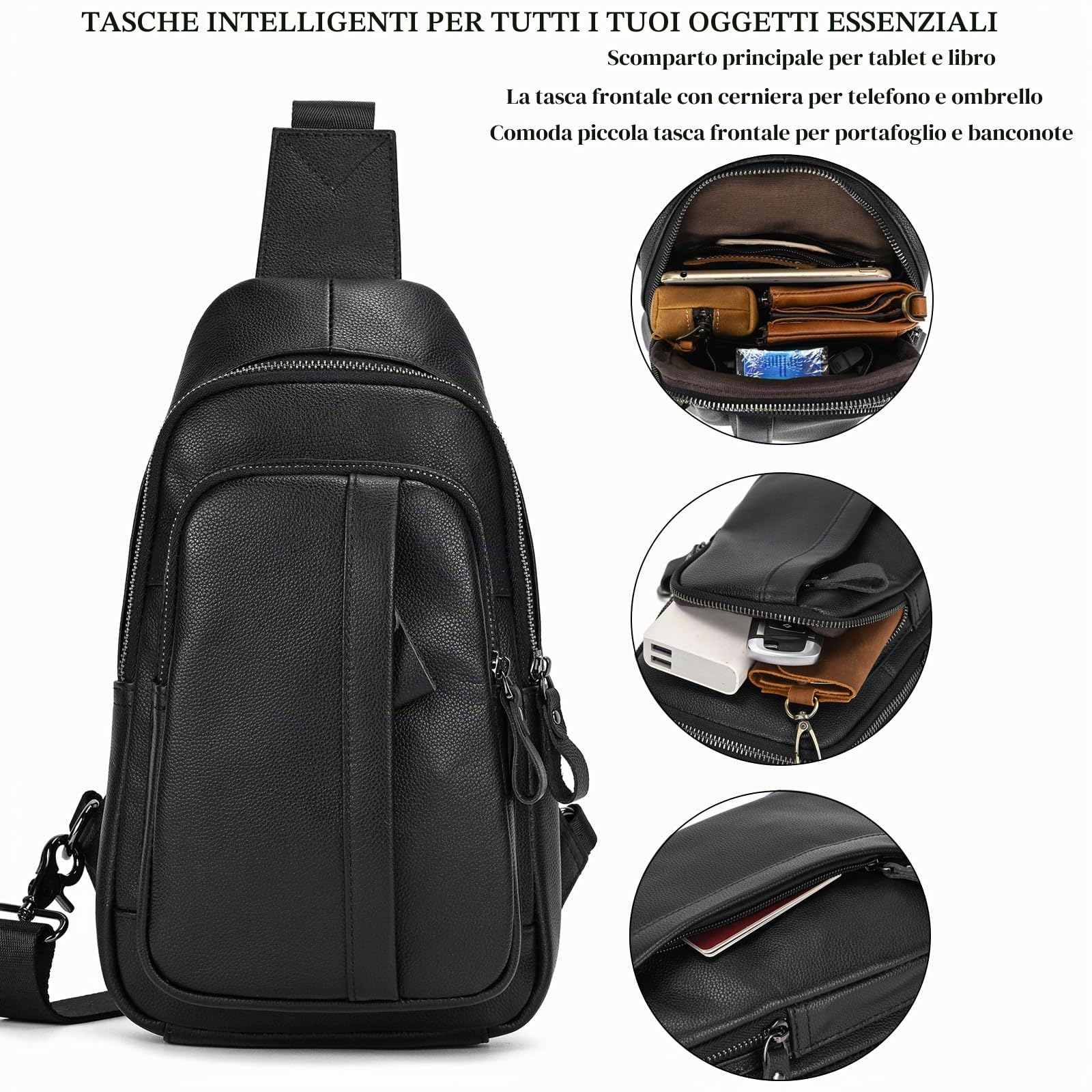 Borse Petto Borsa Crossbody Pelle Zaino Spalla Monospalla Pelle Marsupio Zainetto Piccolo Sling Bag Borsello a Tracolla per Uomo Viaggio Trekking Camminare