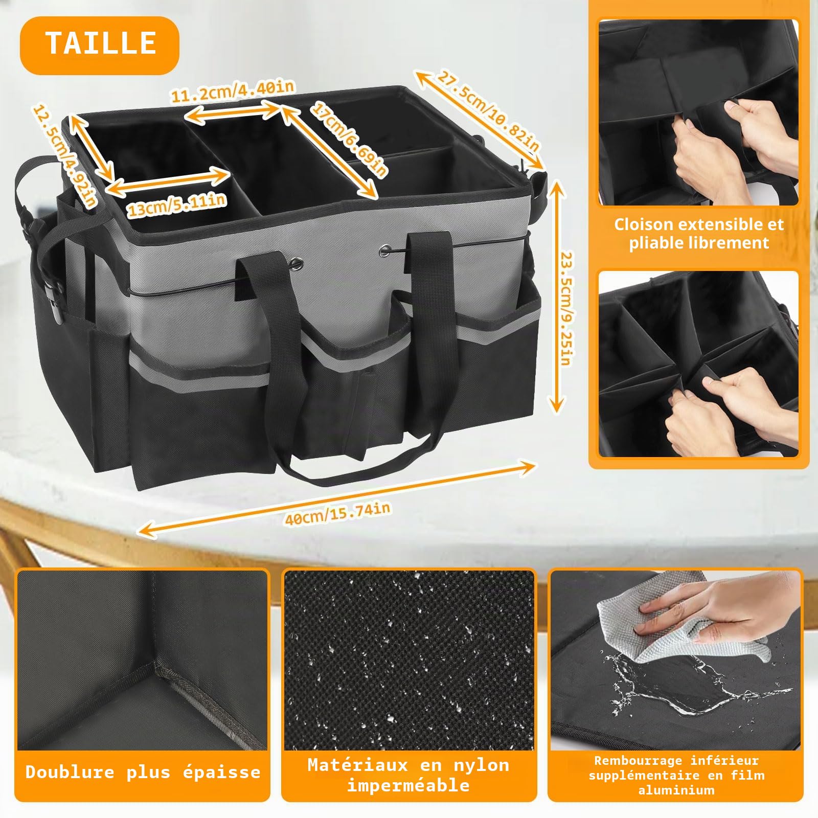 Panier de Nettoyage avec Poignée, Rangement Produits Menagers, Sac de Nettoyage Portable avec 5 Poches, Organiseur de Fournitures de Nettoyage avec Bandoulière Réglable, Pour La Maison La Voiture