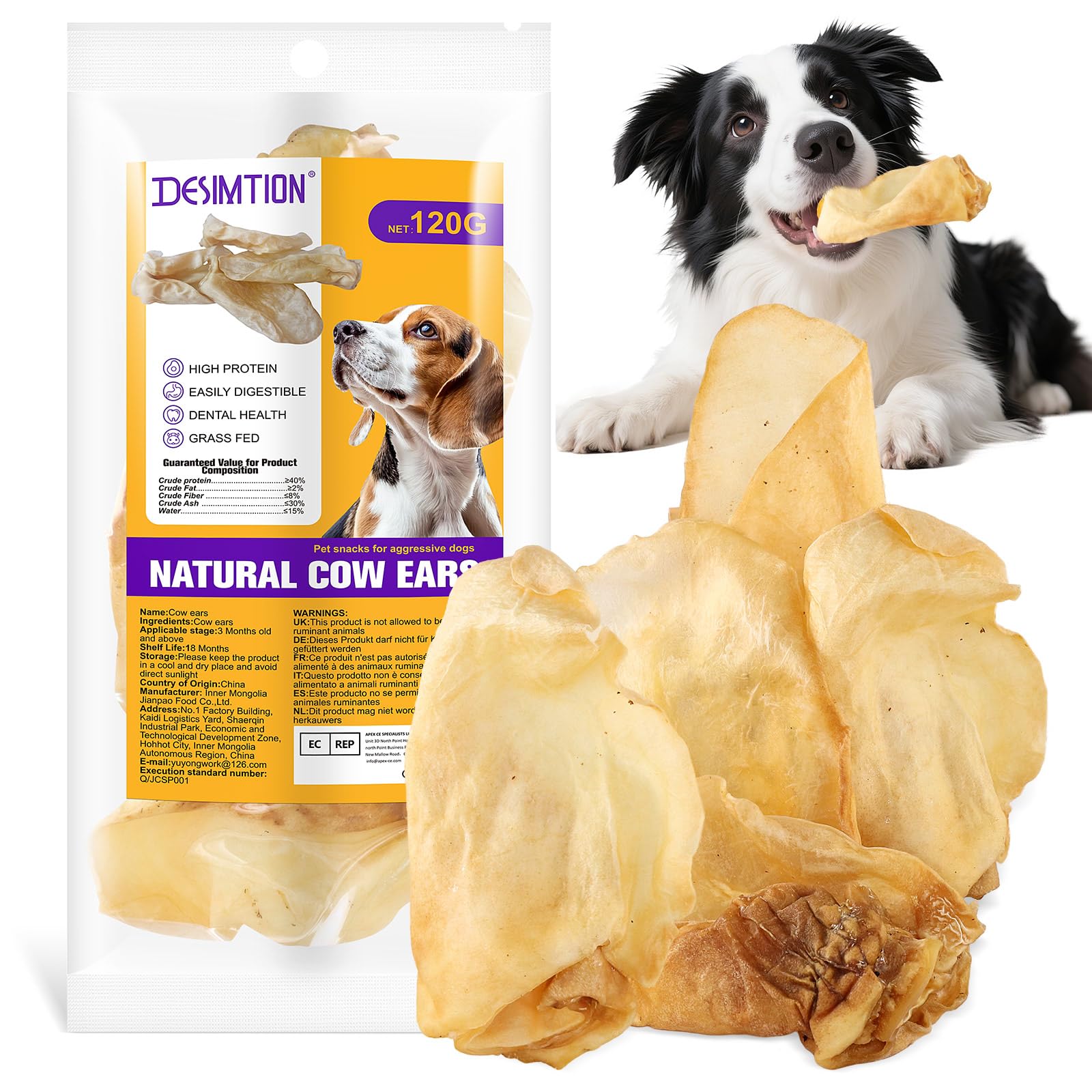 Oreilles de Vache 100% Naturelles pour Chiens - Friandises dentaires à ingrédient Unique, Longue durée, pour Toutes Les Races (Petites/Moyennes/Grandes) | Riches en protéines, faciles à digérer，120G