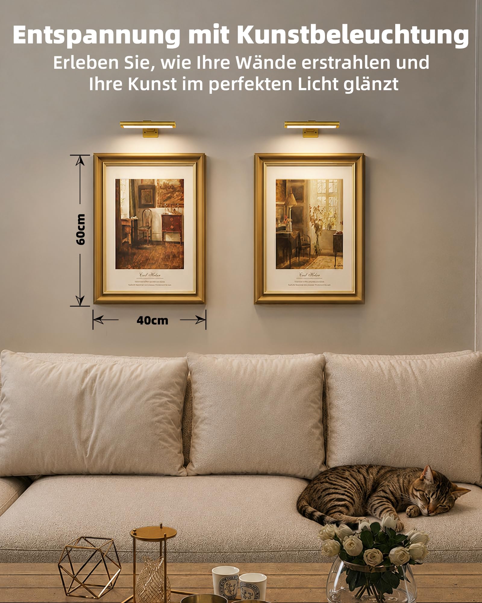 EZVALO Iluminación de Imagen Inalámbrica, Lámpara de Pared Inalámbrica para Interiores, Luces LED con Batería para Espejo de Baño, Cuadros, Pinturas y Fotos (2 Piezas, Oro)