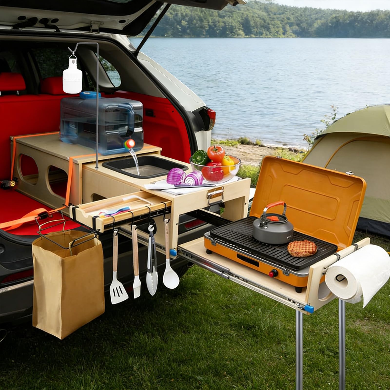 JAGAHAHA Overland Kitchen Slide-Out System, All-in-One Camp Kitchen Box with Sink, Chopping and Cooking, Right Side, Folding Camping Table for SUV,