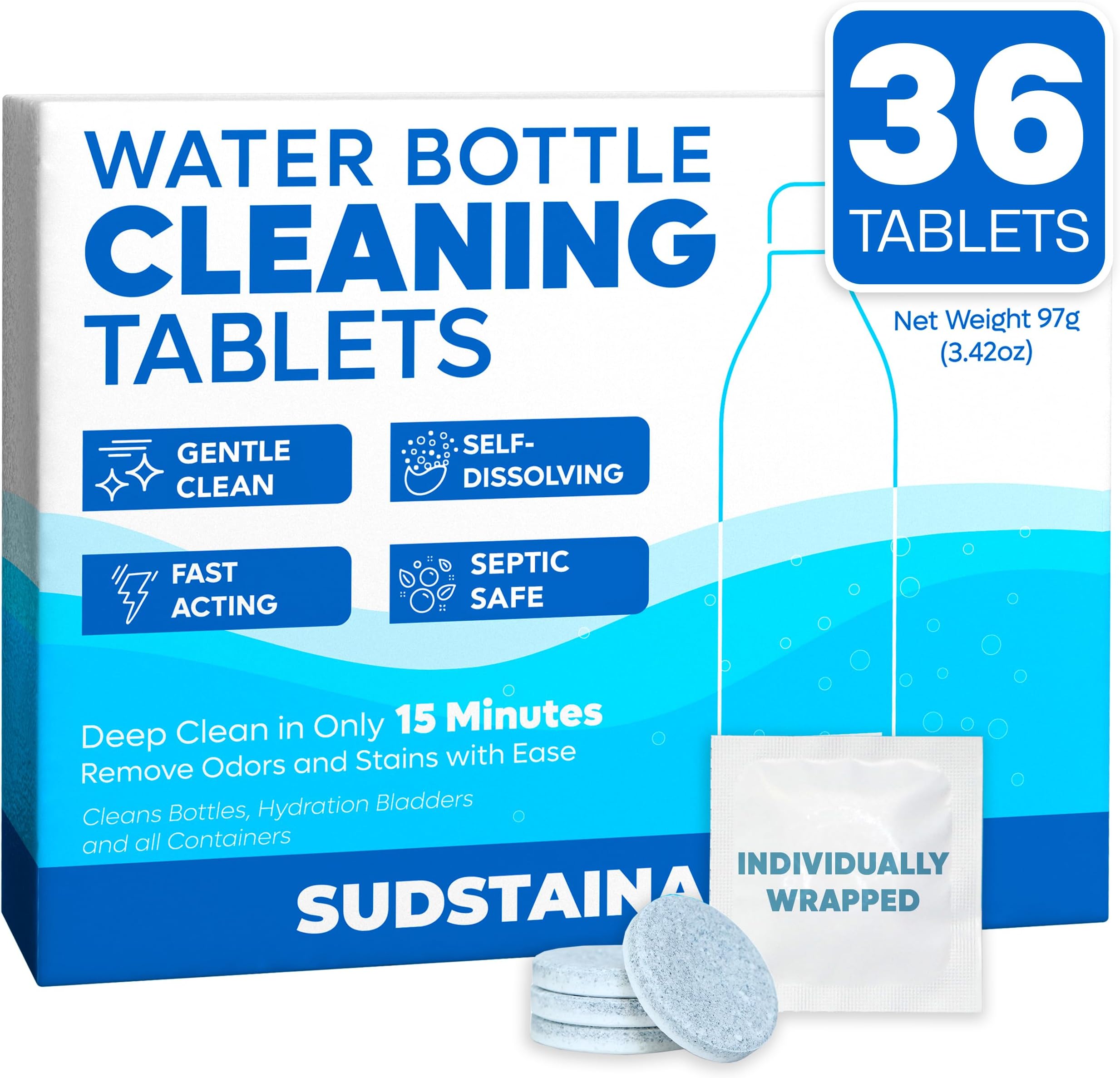 Sudstainables Sojourner Bags Water Bottle Cleaning Tablets - 36 Pack, Biodegradable, Chlorine & Odor Free, Hydration Bladder And Water Bottle Cleaner Tablets, Removes Stubborn Stains & Odors
