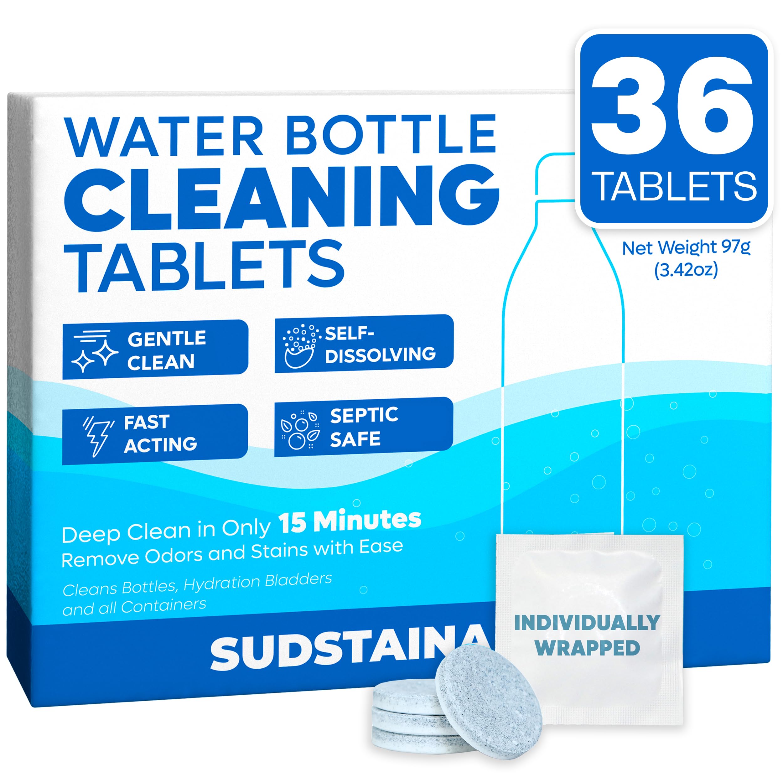 SoJourner Bags Water Bottle Cleaning Tablets - Pack of 36 Chlorine & Odorless, Hydration Bags and Water Bottle Cleaner Tablets - Removes Stubborn Stubborn Stains and Odors