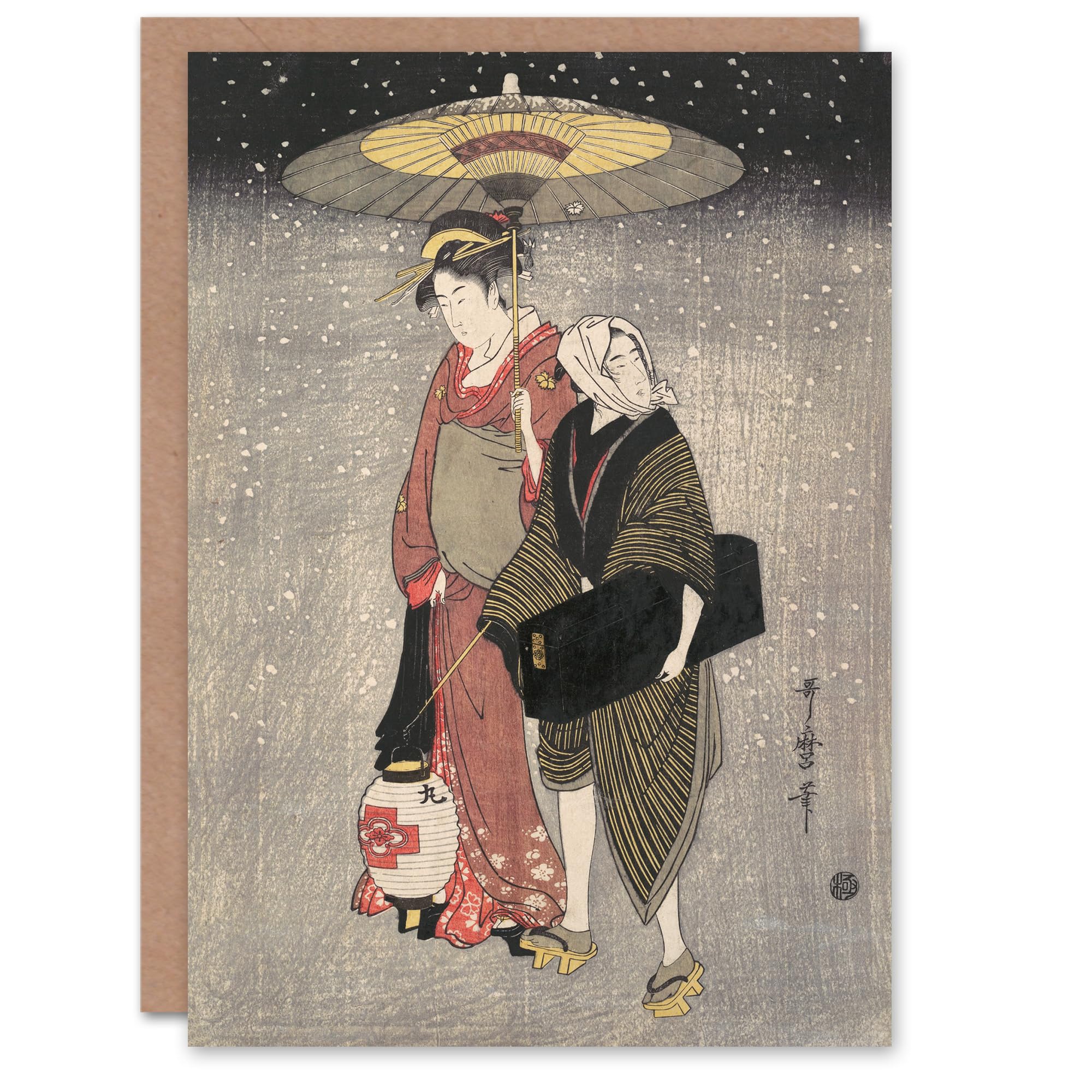 Artery8 Japanese Art Card - Geisha Walking Through Snow At Night - Grey