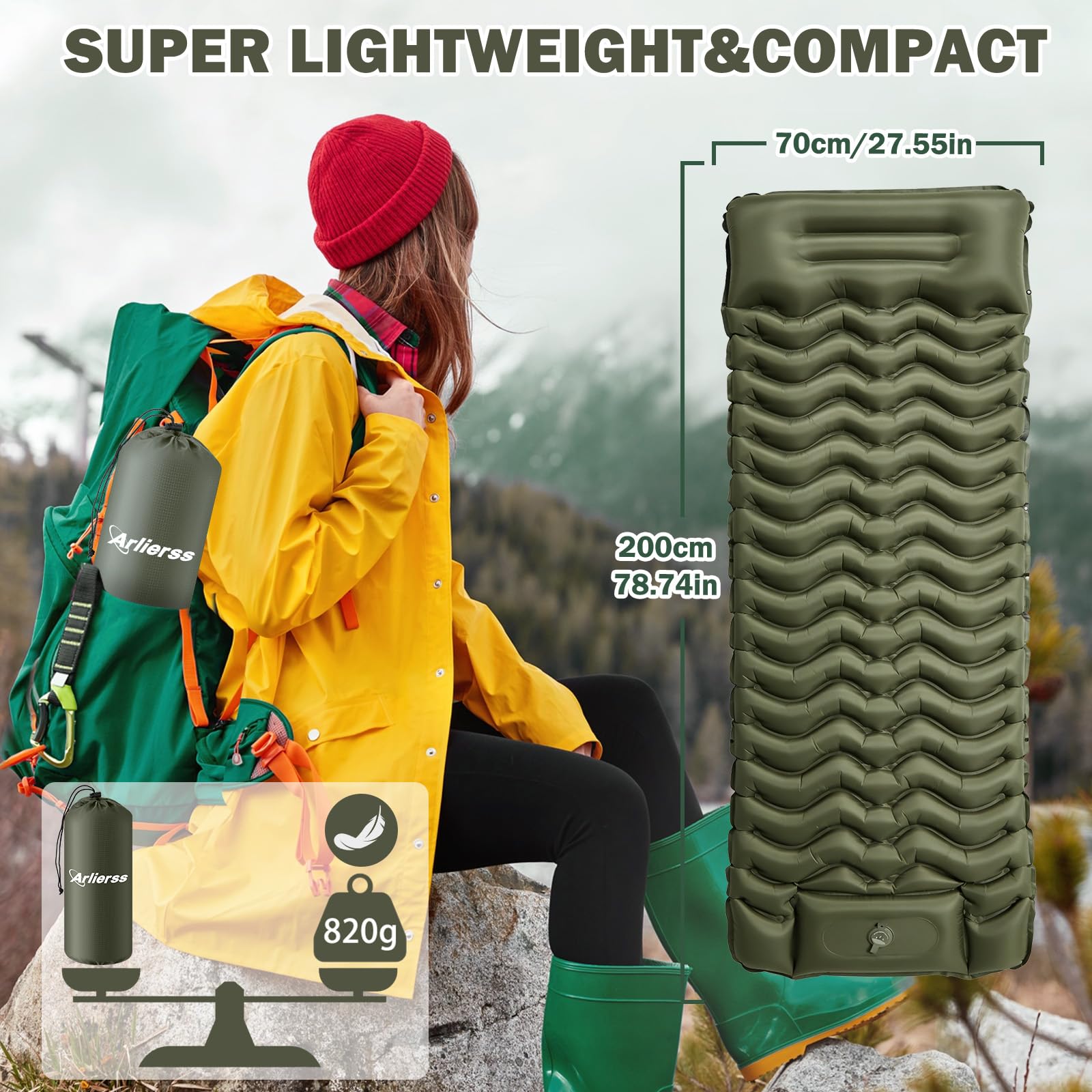 Isomatte, 12CM Dicke Luftmatratze Camping mit Fußpresse Pumpe und Kissen, Anti-Ripstop Tragbar Schlafmatte Outdoor für Wandern, Reise, Strand