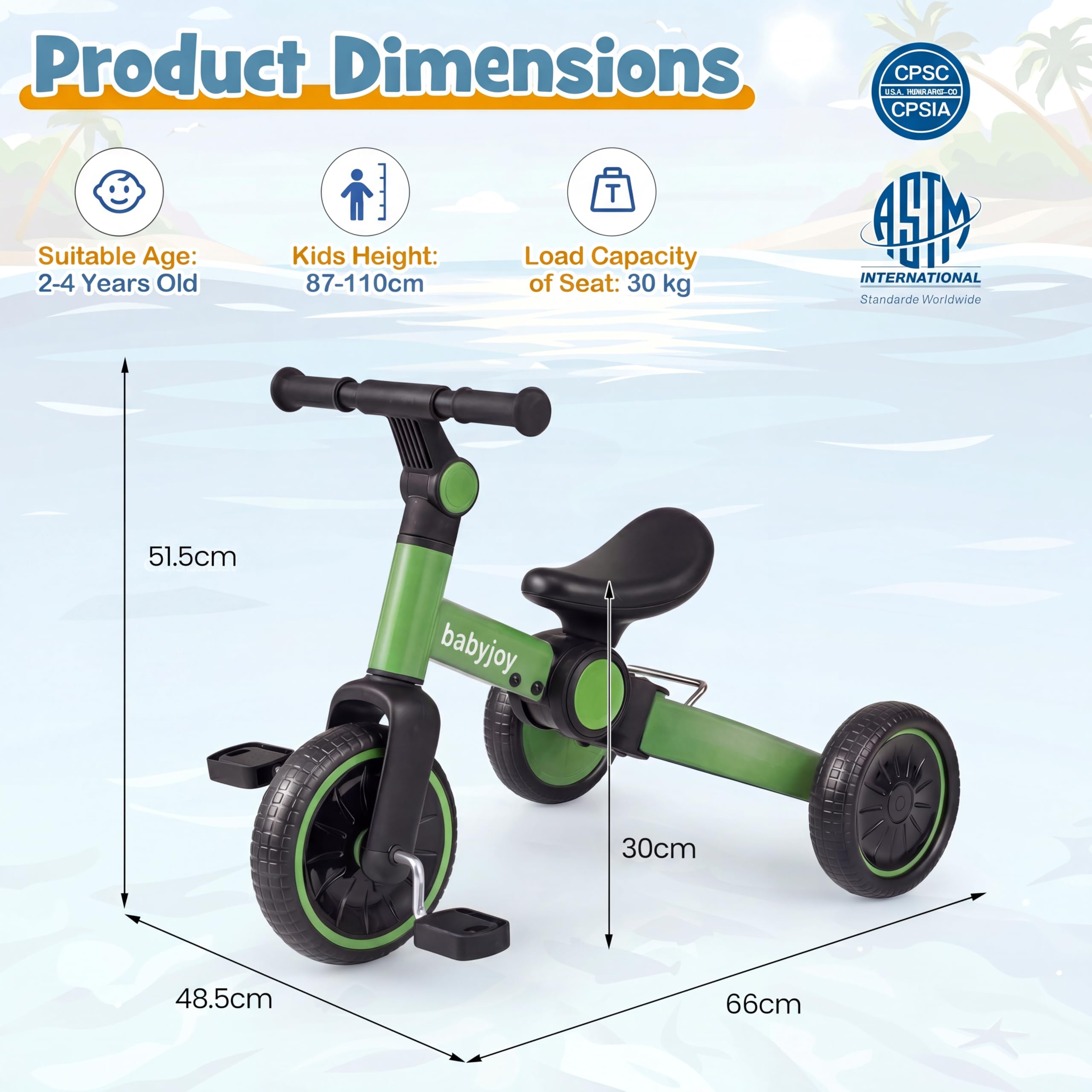 KOMFOTTEU Vélo Enfant 2 à 4 Ans, Charge 30 kg, Pédales Amovibles, Vert