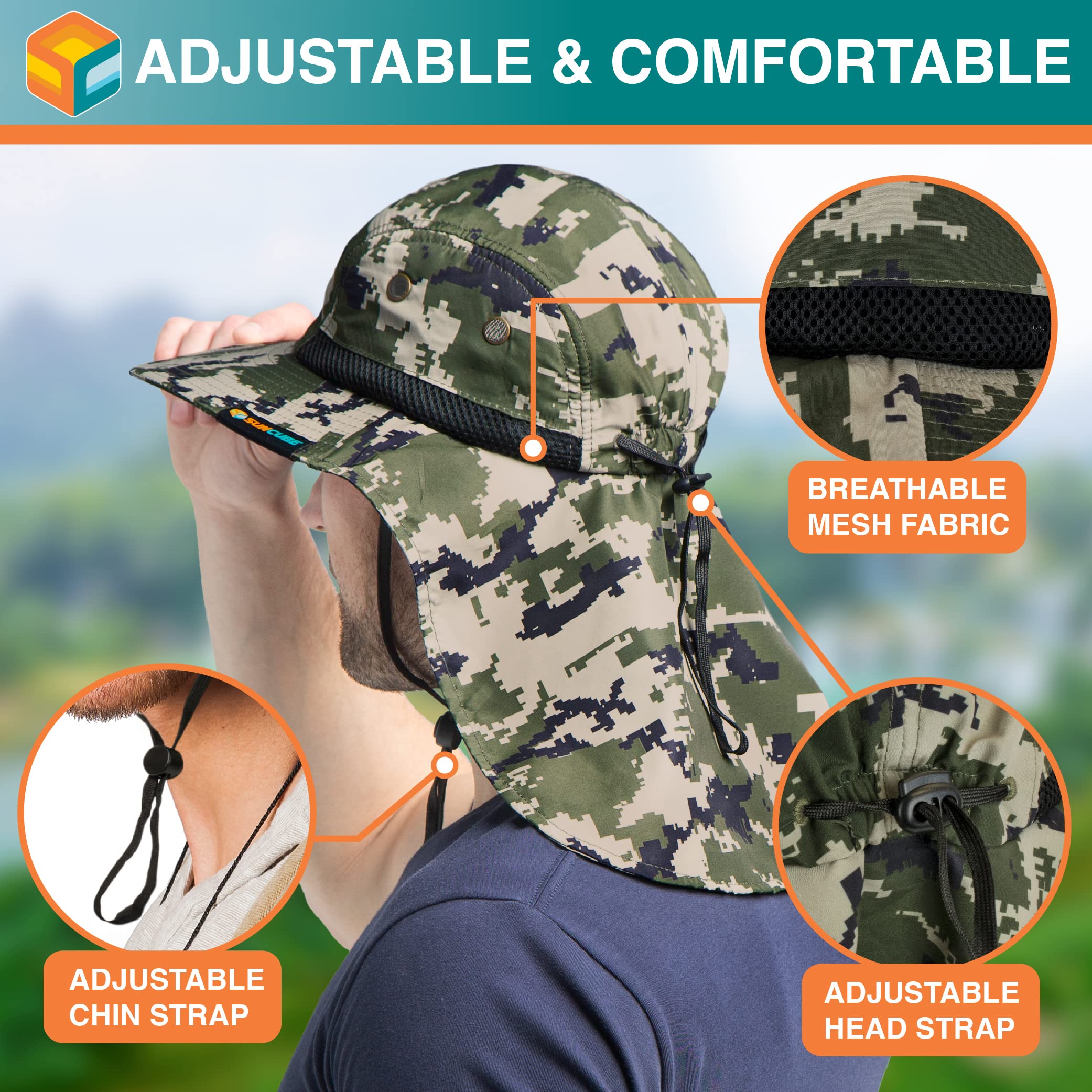 Suncube - Sombrero de pesca con cubierta para el cuello y solapa, amplia sombra, correa ajustable para la barbilla para exteriores, senderismo, safari, caza, verano UPF 50 +, malla transpirable