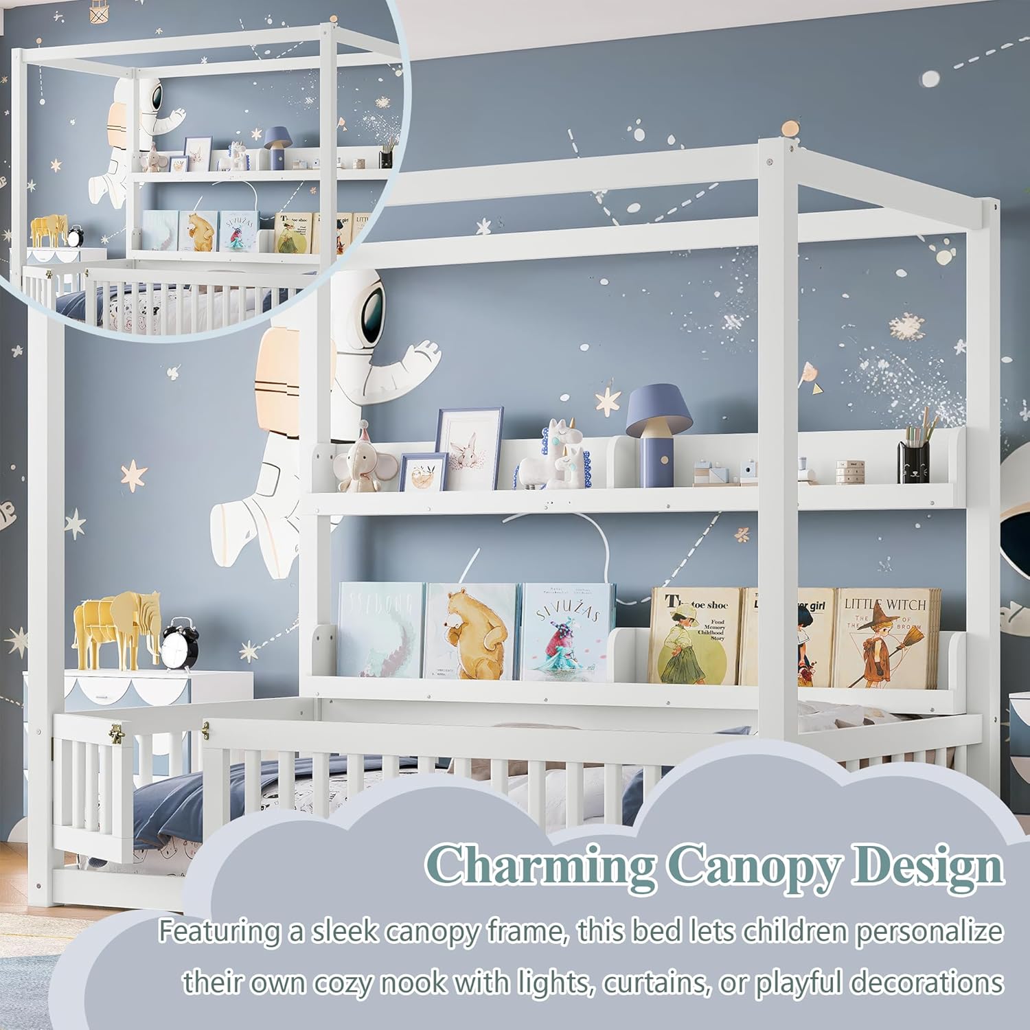 Bellemave Twin Size Canopy Bed with Guardrails and Support Slats, Solid Wood Canopy Floor Bed with Storage Shelves, Canopy Beds Frame for Kids, Teens, Adults, No Box Spring Needed, White