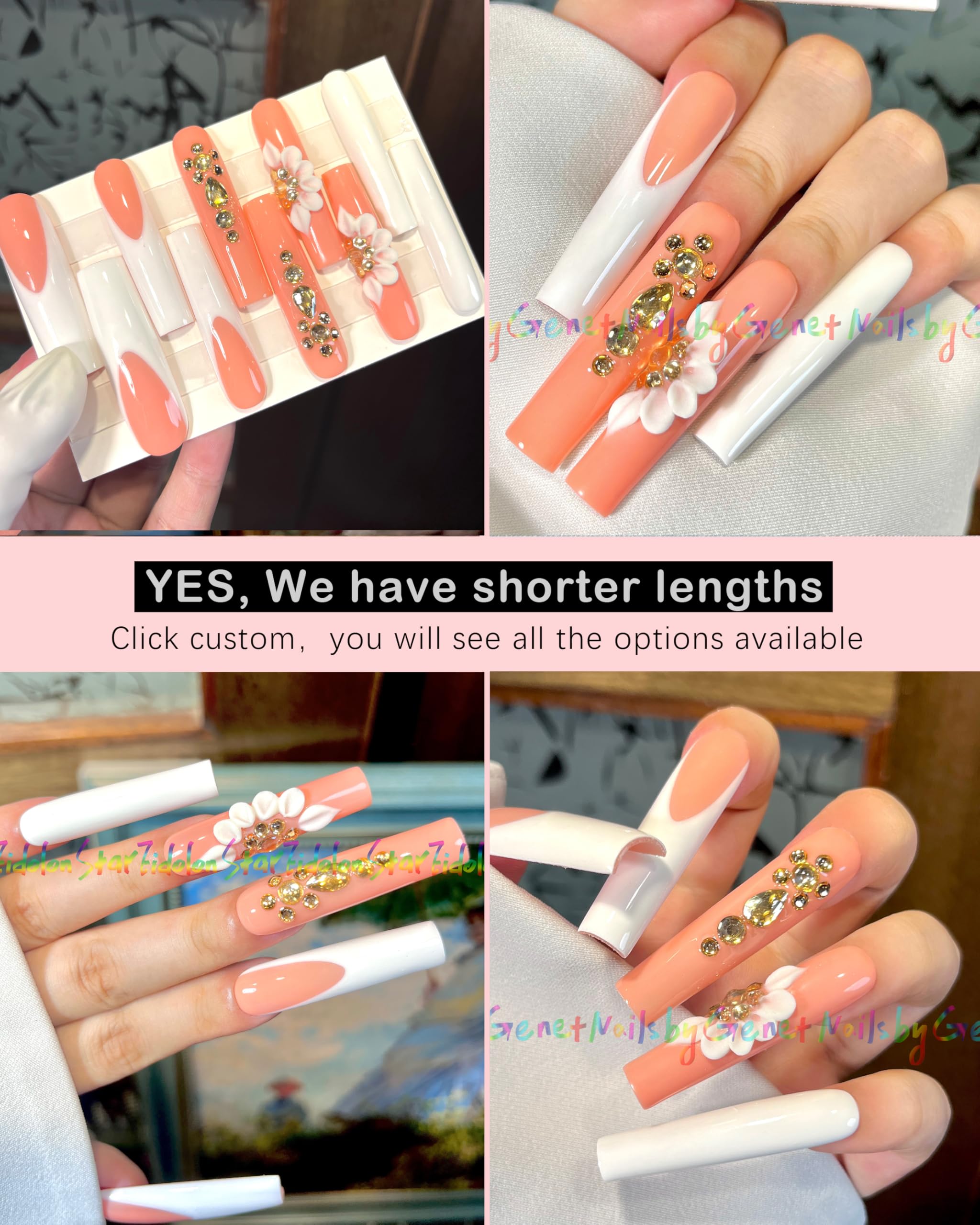 HAND-PAINTED White False Nails Set Coffin Press on Nails Pressons Kit Medium Length Stick on Nails Shoot Nail Art Short Nails with Nail Glue on Nails Square, Long Almond Nail (K1, Medium)