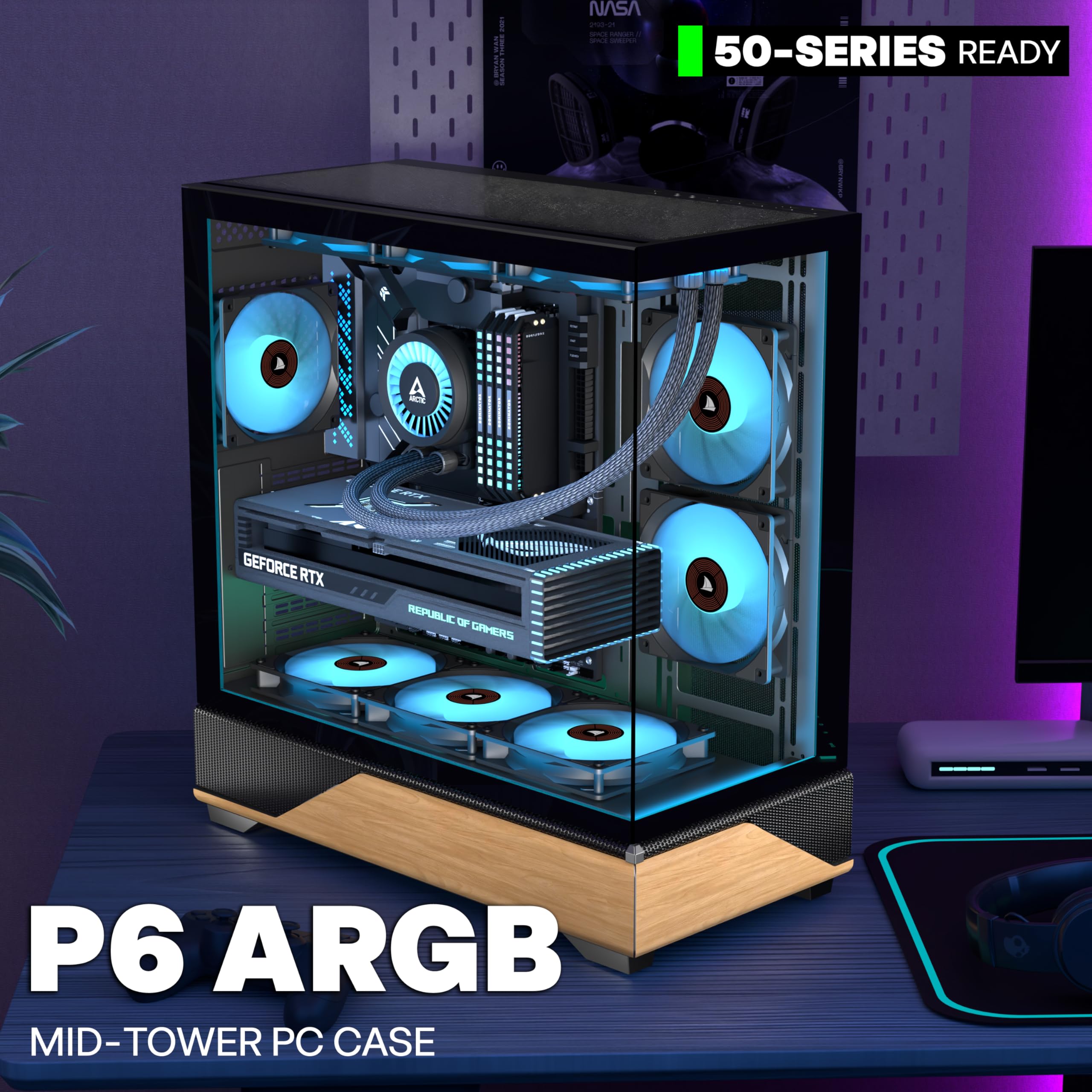 KEDIERS PC Gehäuse Vorinstallierter 5 × 120MM Schwarz Lüfter, ATX Mid Tower PC Gehäuse, Computergehäuse mit Panoramaaussicht Gehärtetes Glas Front Panel,Schwarz/Walnussholz,Neue P6-Version