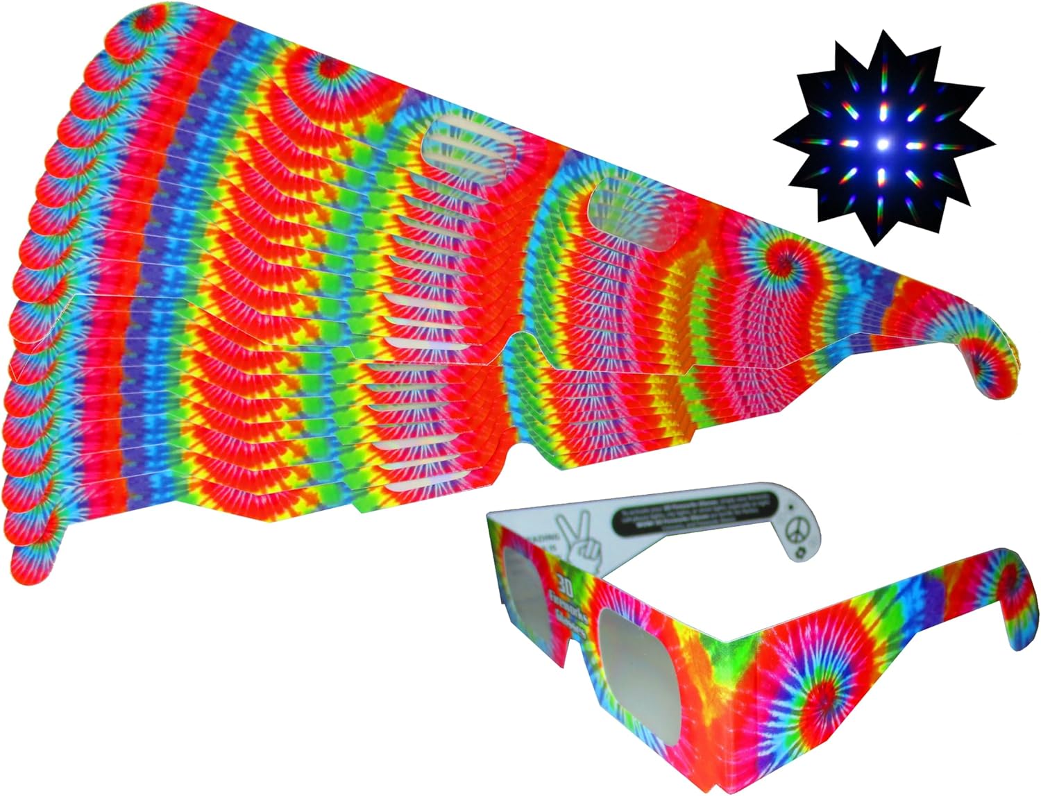 Rob's Super Happy Fun Store Fireworks Diffraction Glasses - 50 Trippy Tie-Dye Frames + 1 Exclusive Bonus Pair (Plain White Frames) - Foldable Paper/Cardboard Frames - 51 Glasses Total