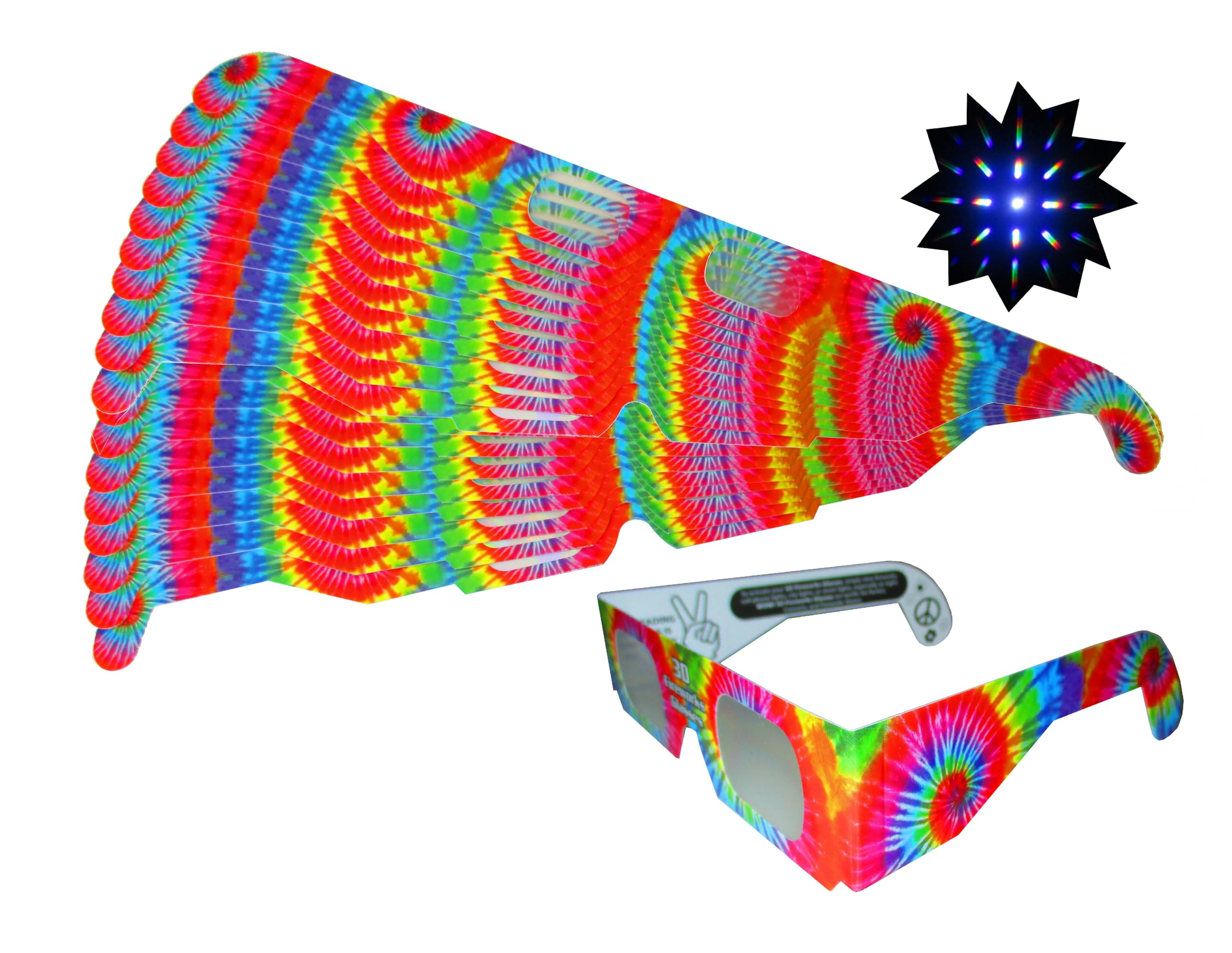 Rob's Super Happy Fun Store Fireworks Diffraction Glasses - 50 Trippy Tie-Dye Frames + 1 Exclusive Bonus Pair (Plain White Frames) - Foldable Paper/