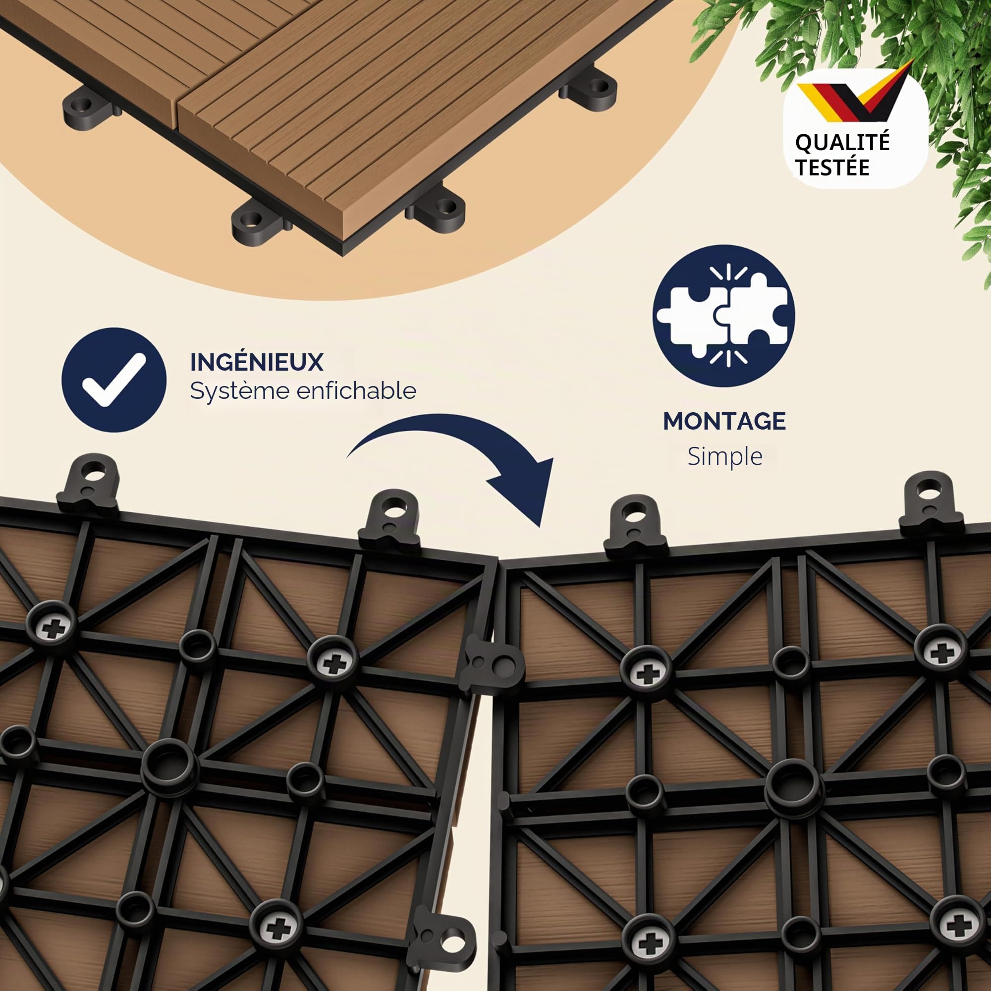 CASARIA® 11x Dalles WPC clipsables 30x30cm dalle terrasse extérieur antidérapant sol jardin caillebotis résistant UV intempéries imitation bois composite balcon mosaïque terre cuite