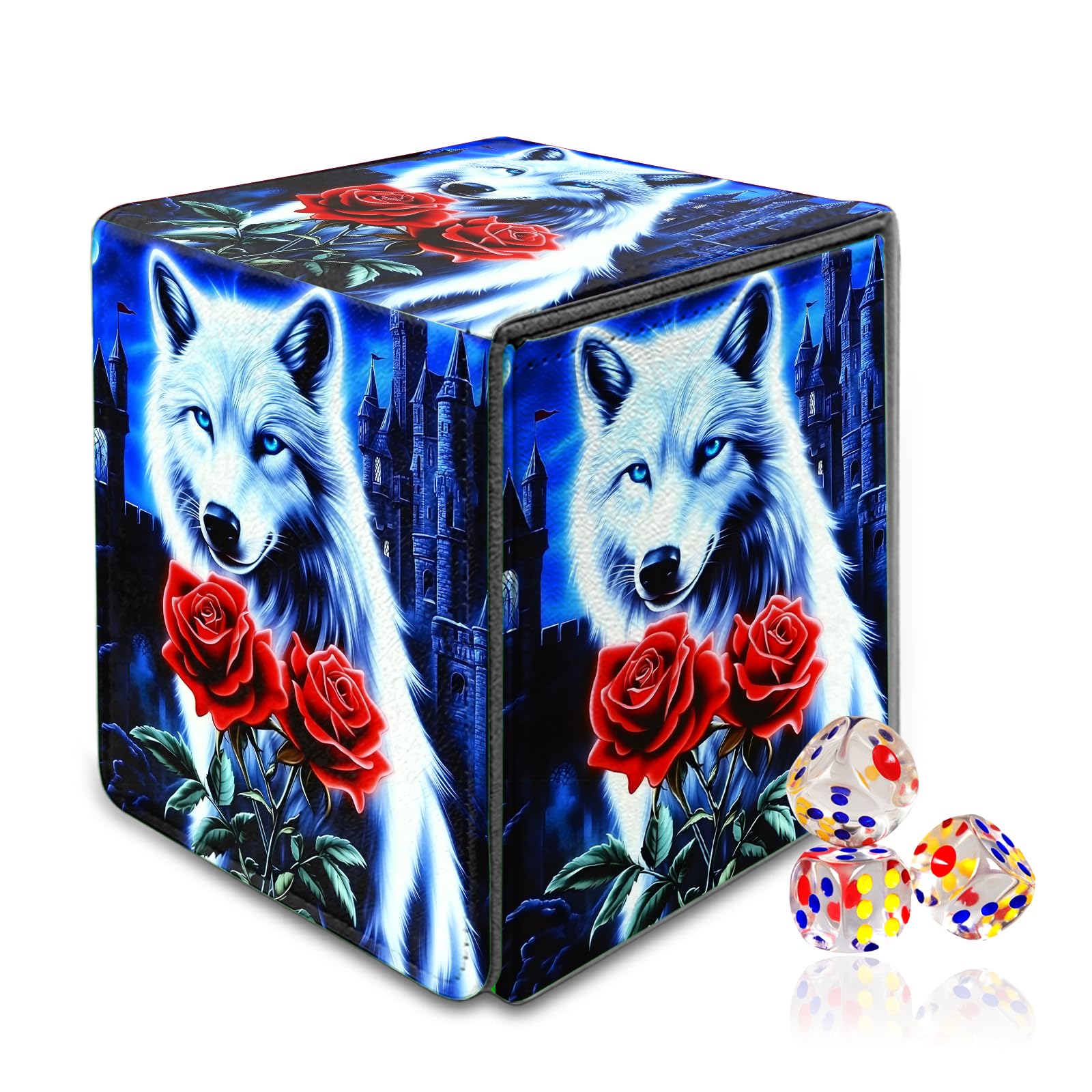 VOGDMKJG Trading Card Deck Box Fit 120+ Single Sleeved Cards,PU Leather Magnetic Closure Card Storage Box With 3 Dice For MTG/TCG/PTCG/Magic/Sport Card Storage Case Vertical Design Wolf Rose