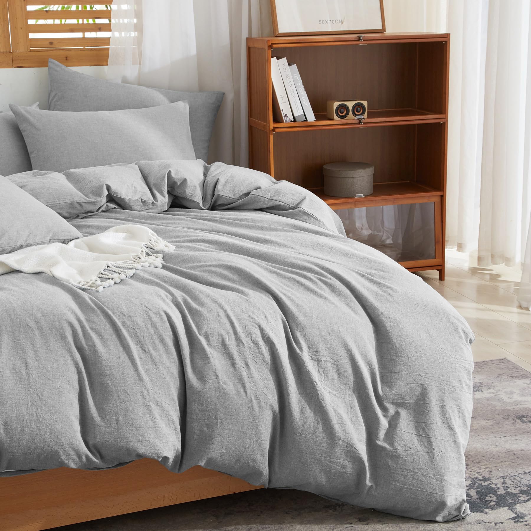 Funda nórdica de 240 x 260 cm, color gris claro, suave, transpirable, suave, mezcla de algodón, lino, ropa de cama para 2 personas con cremallera y fundas de almohada de 65 x 65 cm