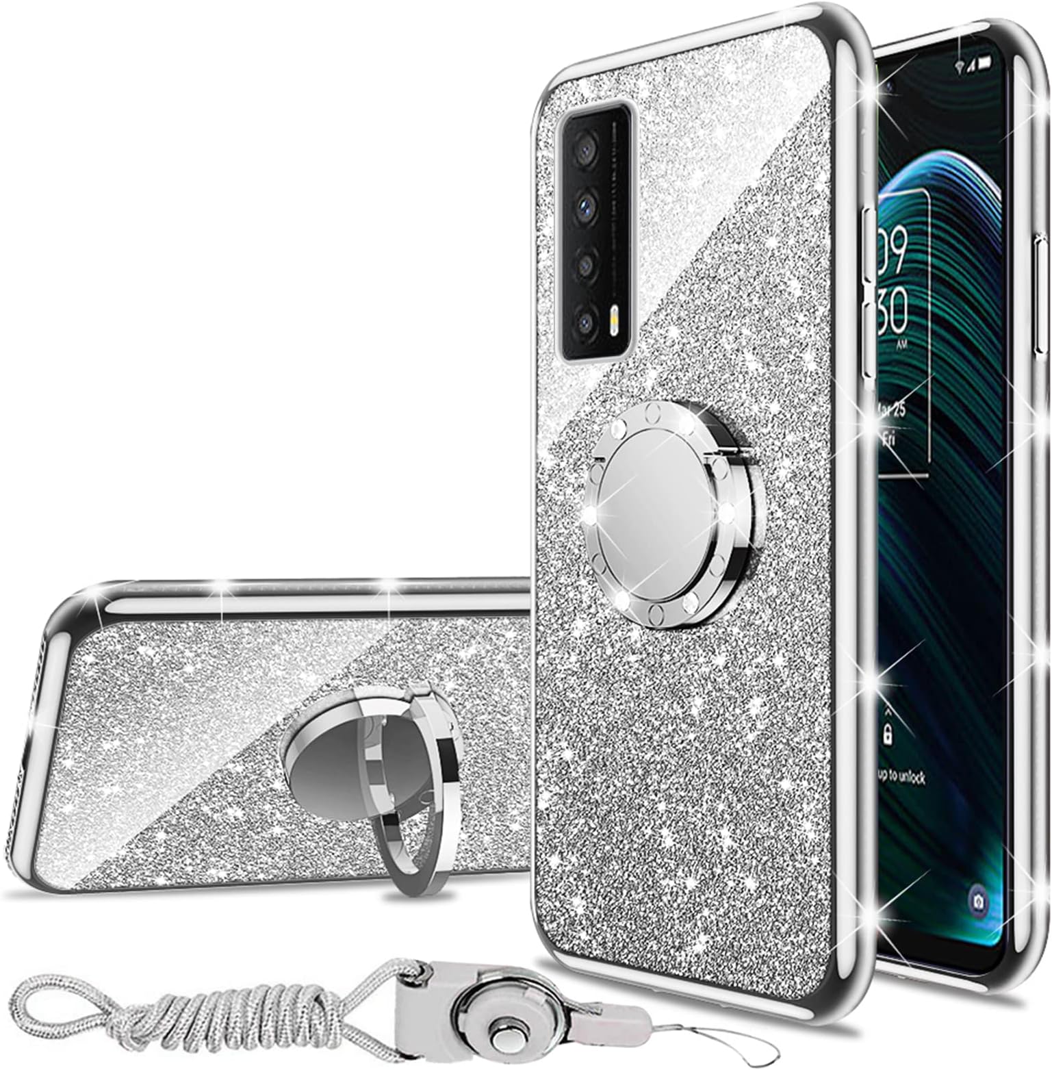 Case for TCL Stylus 5G (T779W), TCL Stylus 5G 2022 6.8" Case with Kickstand Lanyard Bumper Shockproof Full Body Protection Phone Case Cute Soft TPU Glitter Cover for Girls Women Men - Silver
