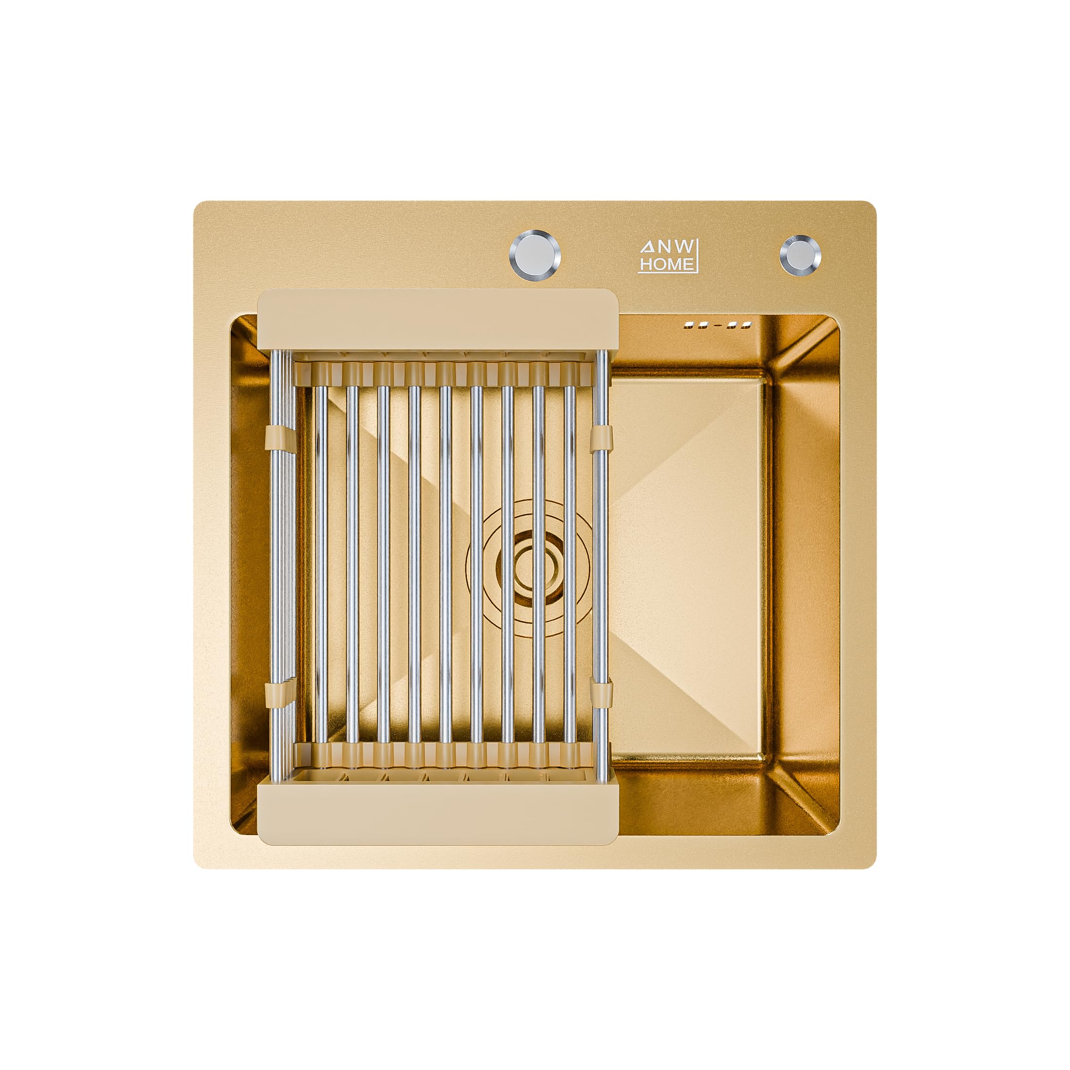 ANW HOME Kitchen Sink 46x45 cm, Stainless Steel Sink, Single Bowl, Gold PVD, Nano Coating, Thickness 3.0+1 mm, with Siphon Soap Dispenser and Basket
