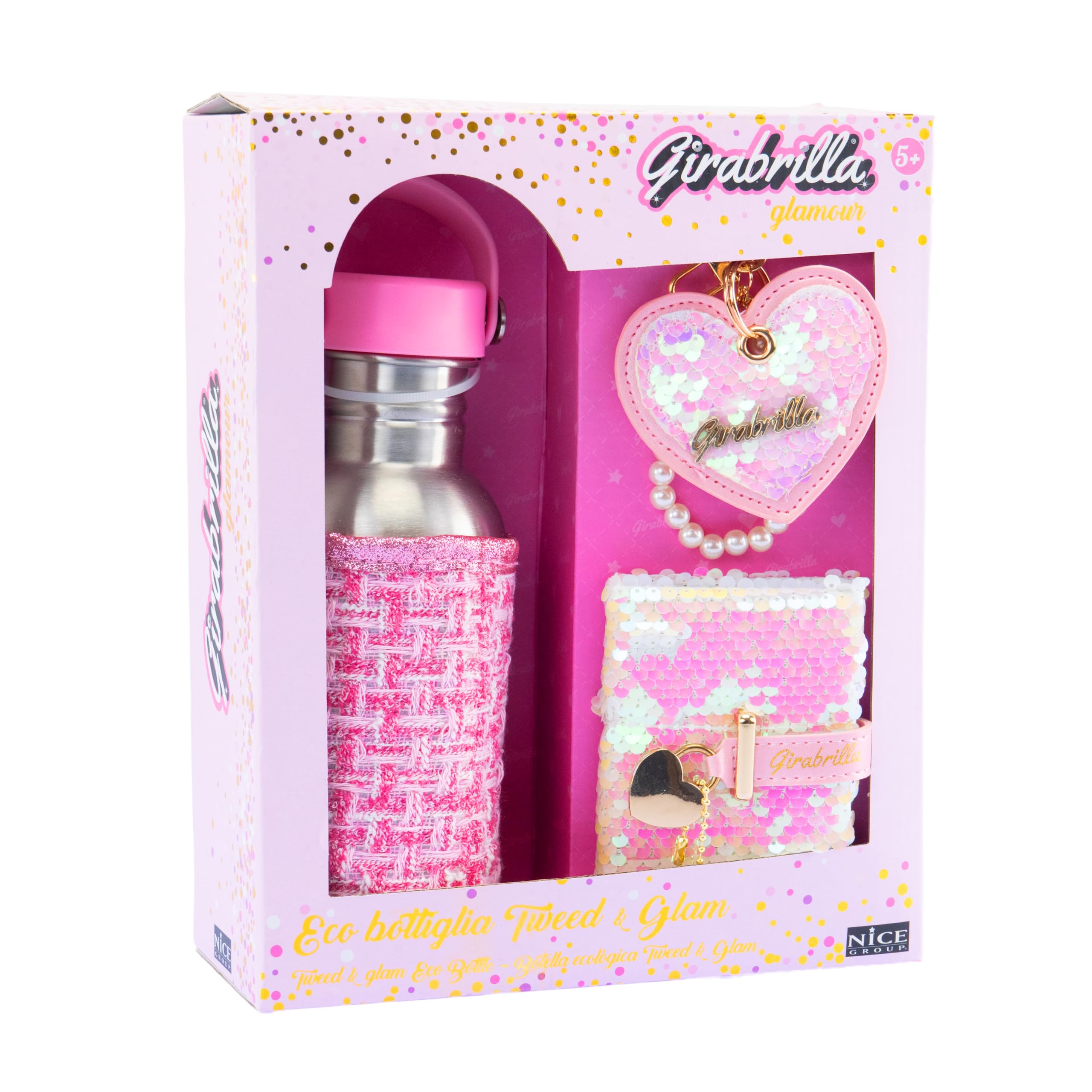 Girabrilla Borraccia Tweed Set, 1 Confezione con Agenda, Ciondolo a Cuore e Eco Bottiglia