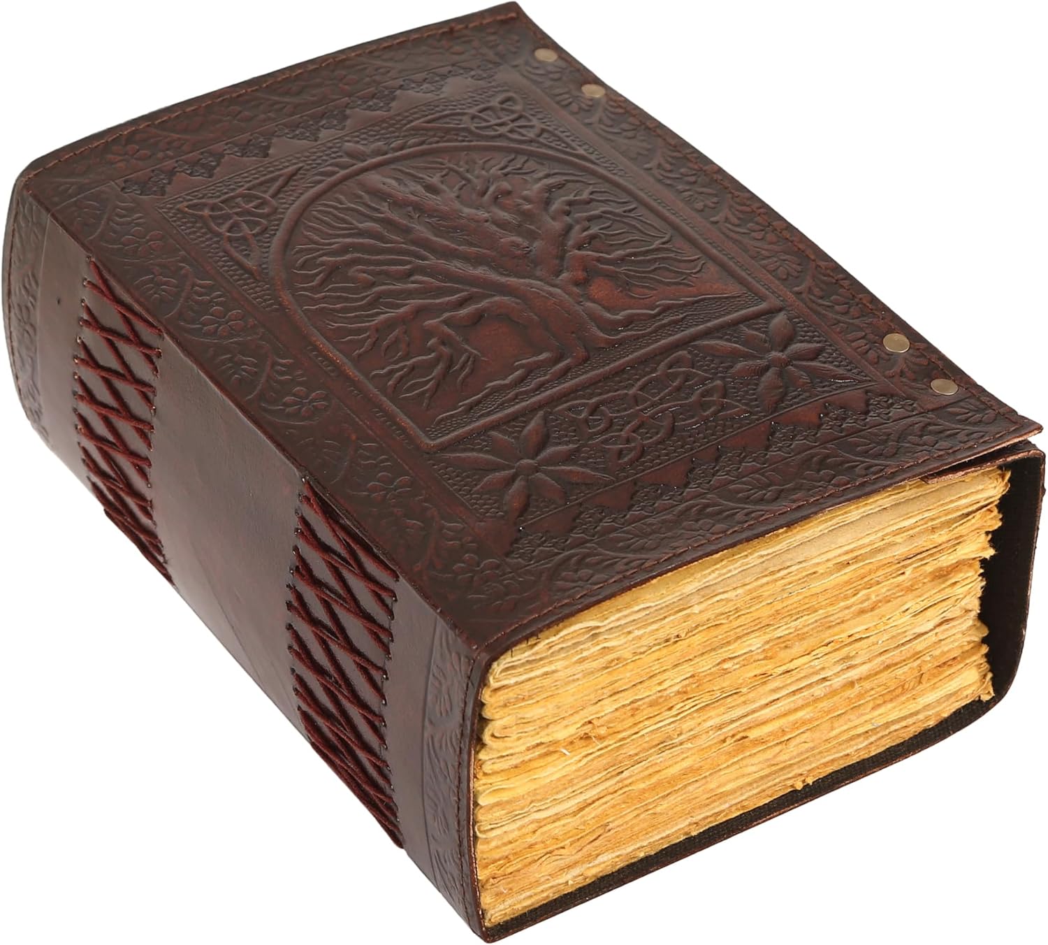 Handmade Leather Journal, Brown, Tree of Life Hand Embossed Design, Genuine Leather Notebook Diary Sketchbook with Two Brass Clasp Lock, Journal for Men & Women, Office Journal Deckle Edge