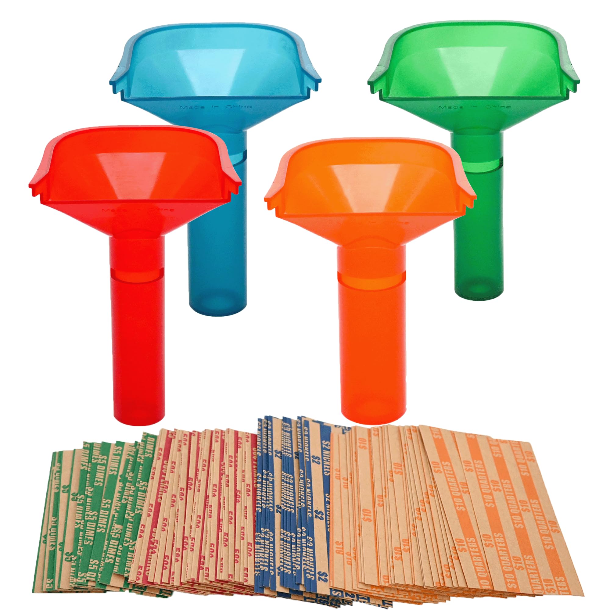 ESSENTIAL Coin Counting Tubes Set of 4, Color-Coded Tubes, Includes 100 Assorted Flat Coin Wrappers for Quarters, Dimes, Nickels, Pennies