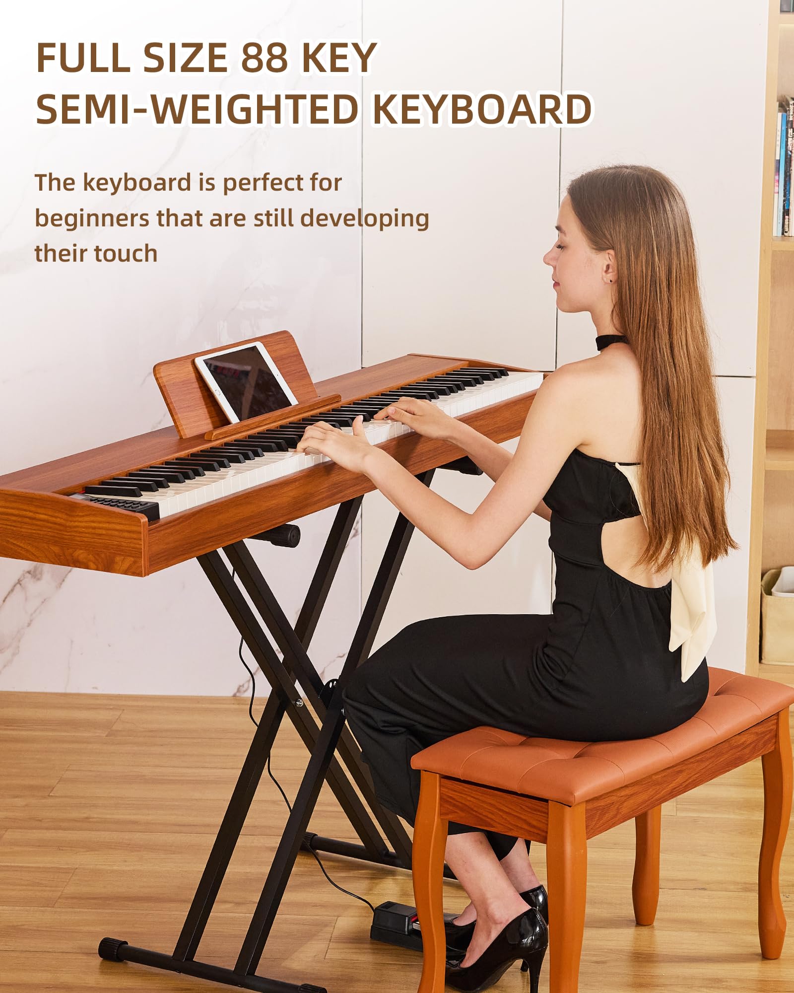 Digital Piano 88 key Semi Weighted Keyboard With X Stand & Sustain Pedal, Full-Size Beginner Electric Piano For Bluetooth, Headphone Mode, USB-MIDI