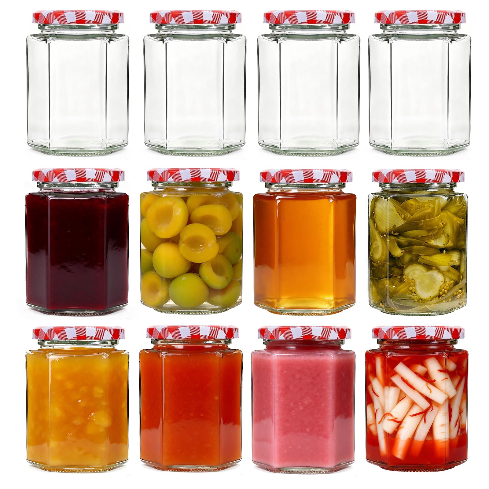 Bayseun 12 Pack Jam Jars With Lids Hexagonal, 280Ml Small Glass Jars With Red Gingham Screw Top Lids, Wide Mouth Airtight Jars With Lid For Jam, Chutney, Preserves, Marmalade And Pickle