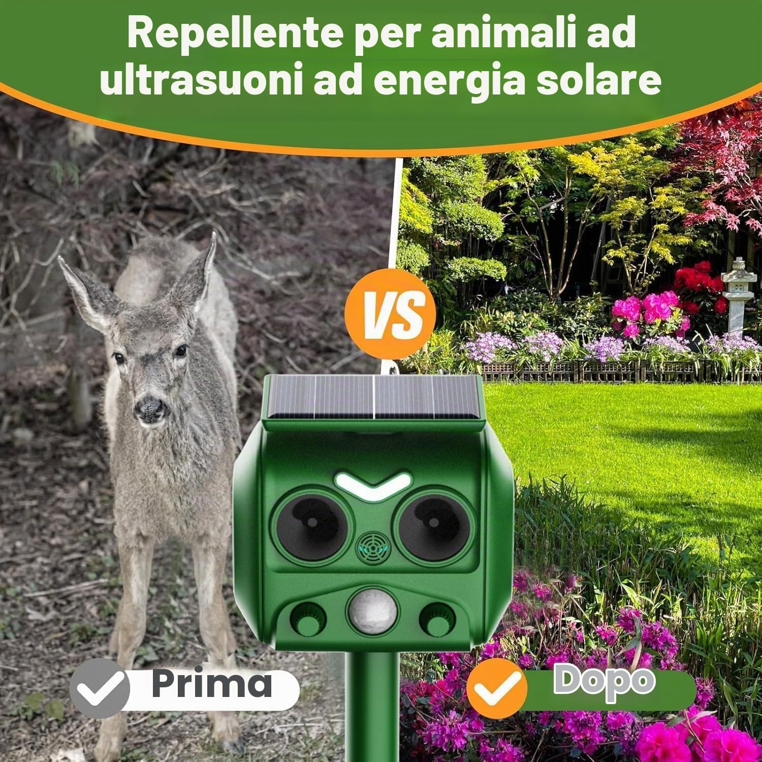 Ultrasonico Solare Alimentato Animale Deterrente,Sensore di Movimento e Luce Stroboscopica Impermeabile per Giardino,Cortile e Fattoria Allontana Volpi,Cani,Gatti,Uccelli e Ratti