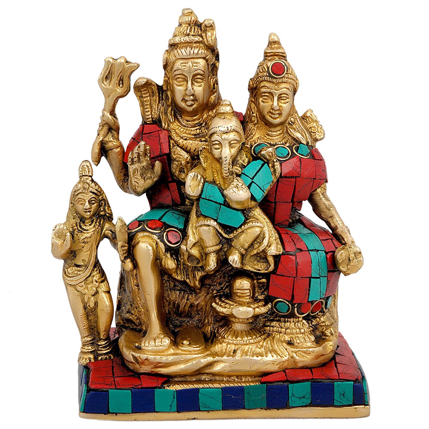 AONA Brass Shiva Parvati Shiv Parivar Shankar Bhagwan Ganesh Family Murti Idol Statue Sculpture, Height 5.5 Inches, Shiva