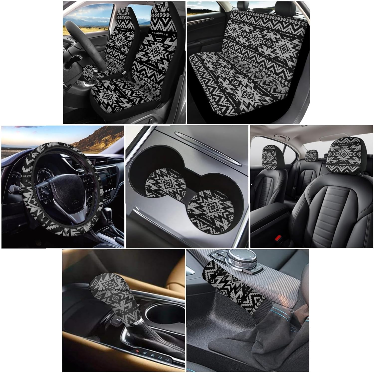 Wanyint Black Aztec Print Car Seat Cover for Women Men Full Set Steering Wheel Cover Shift Knob Handbrake Protector Coasters Head Rest Covers Universal Fit Most Cars SUV Sedan