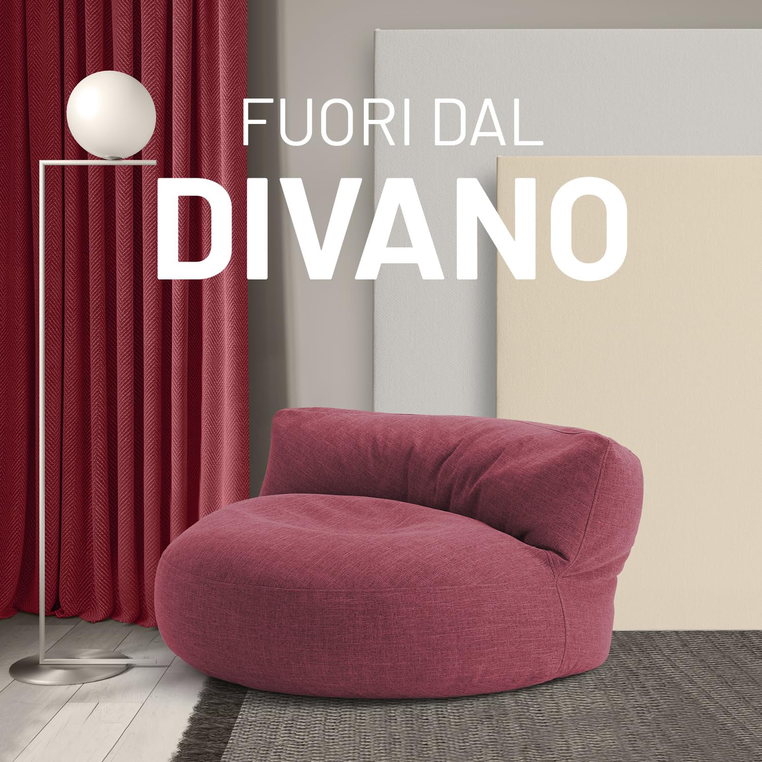 Lumaland Interior Line - Pouf, divano rotondo per interni, imbottitura da 320 l, 90 x 50 cm, effetto lino anche al tatto, colore: rosso
