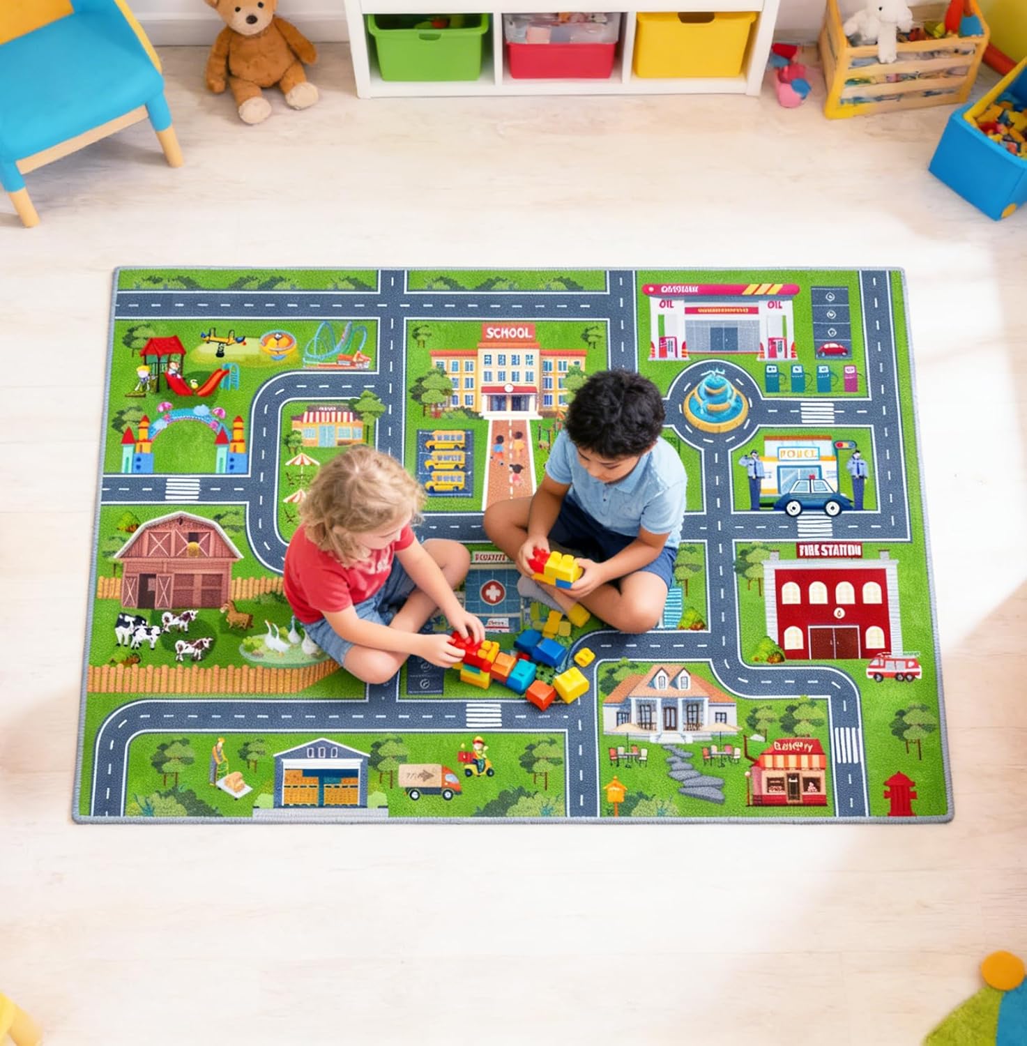 Kids Road Car Rug, 47''x71'' Playroom Rugs City Road Race Track Rugs for Playing Cars Toys, Kids Car Rug Play Mat Road Carpet for Kid.