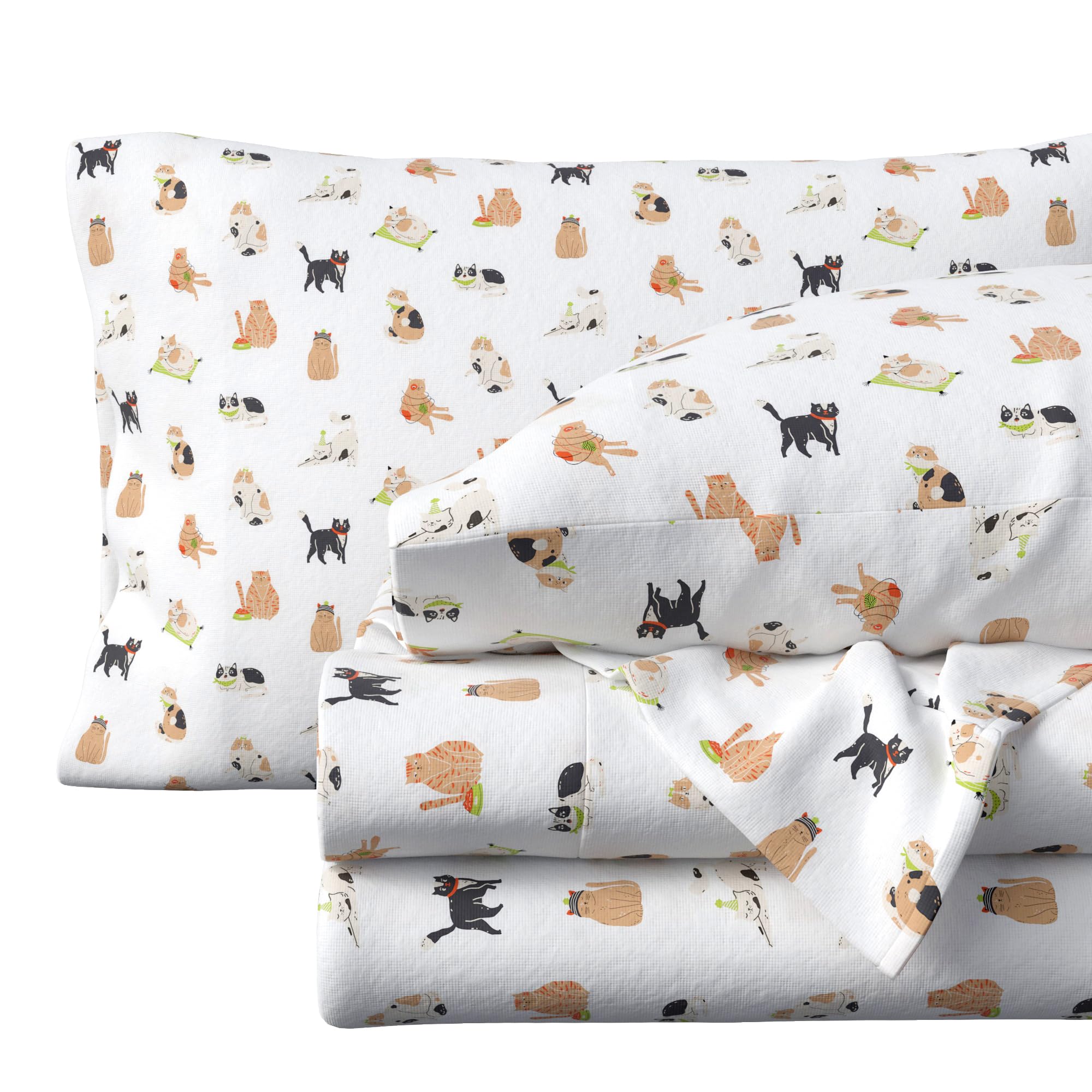 Great Bay Home Christmas Flannel Sheet Set Full Size - 100% Turkish Cotton, Double-Brushed, Winter Bed Sheets - Ultra-Soft, Cozy, 4-Piece Holiday Bedding Set (Cats)
