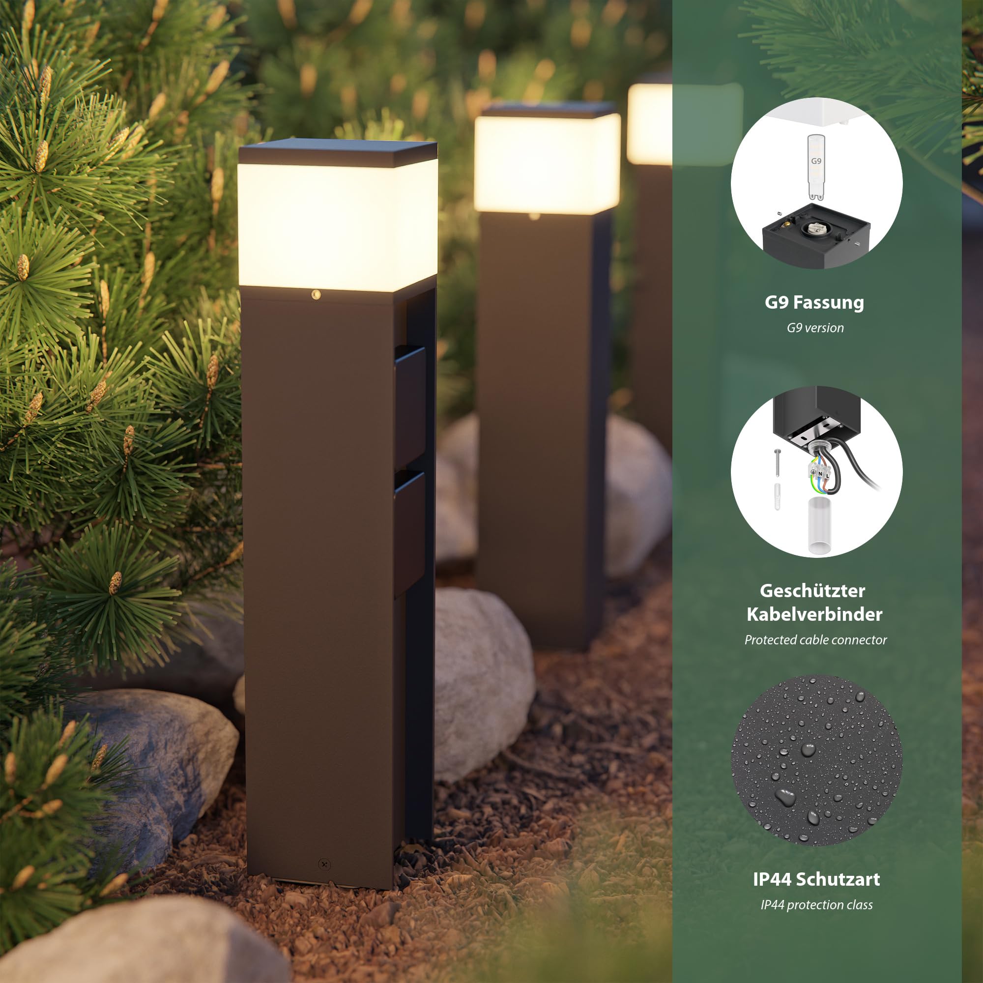 ledscom.de 2x Pollerleuchte PODEL mit Erdspieß für außen, Smart Home, 39cm, anthrazit, 2 Steckdosen, inkl. G9 Leuchtmittel, 501lm, warmweiß