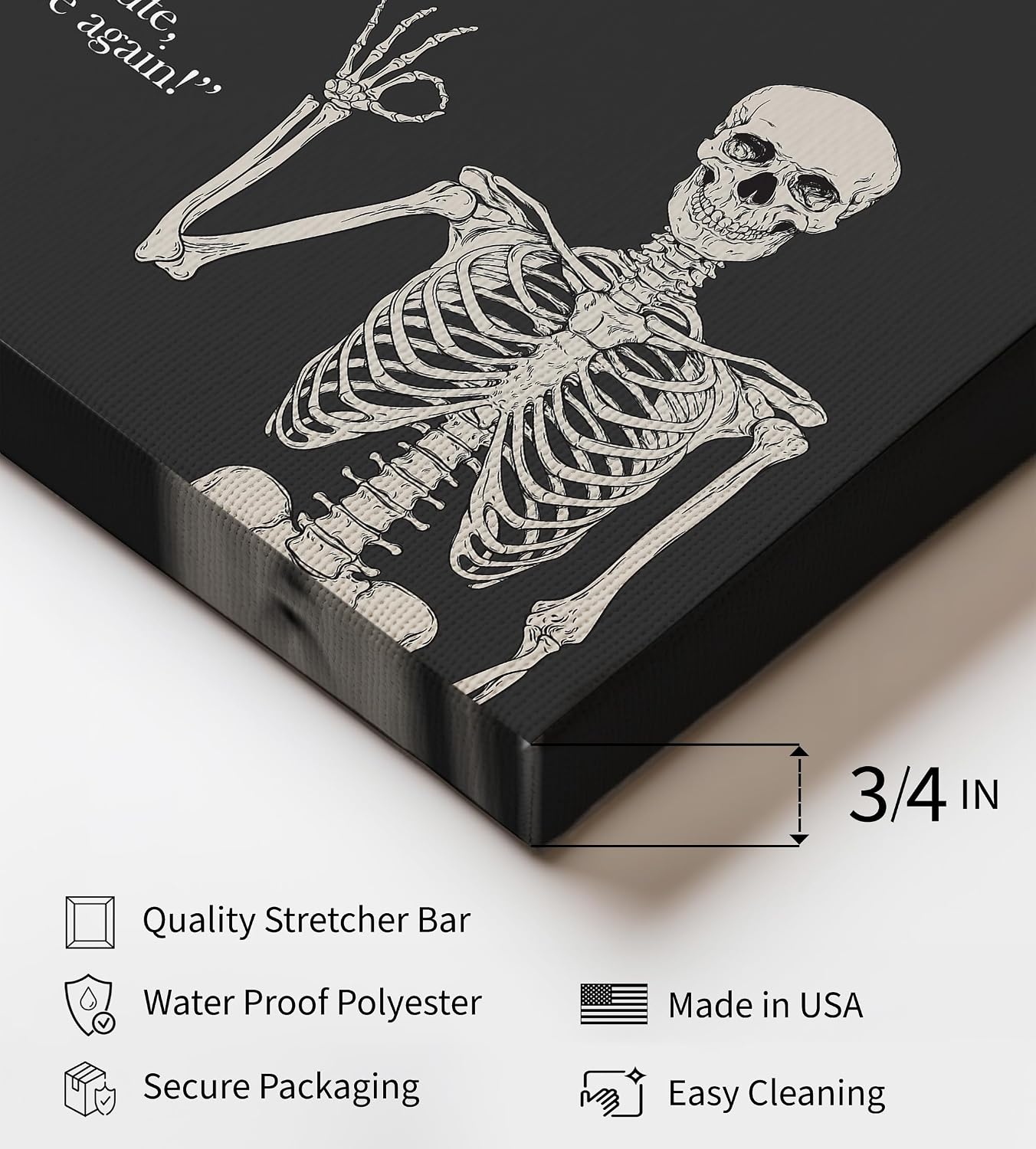 Poster Master Chef Was Cute Would Eat Here Again Canvas - Skeleton Print - Halloween Art - Gift for Men & Women - Fun Gothic Decor for Kitchen, Dining Room or Restaurant - 8x10 STRETCHED Canvas