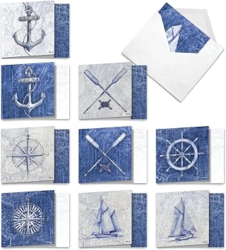 The Best Card Company - 10 Classic Thank You Cards w/Envelopes 4 x 5.12 Inch - Nautical World with Sail Boat, Anchor, Oars - Sailing Notecards, Gratitude Greeting Note Card AMQ6671TYG-B1x10