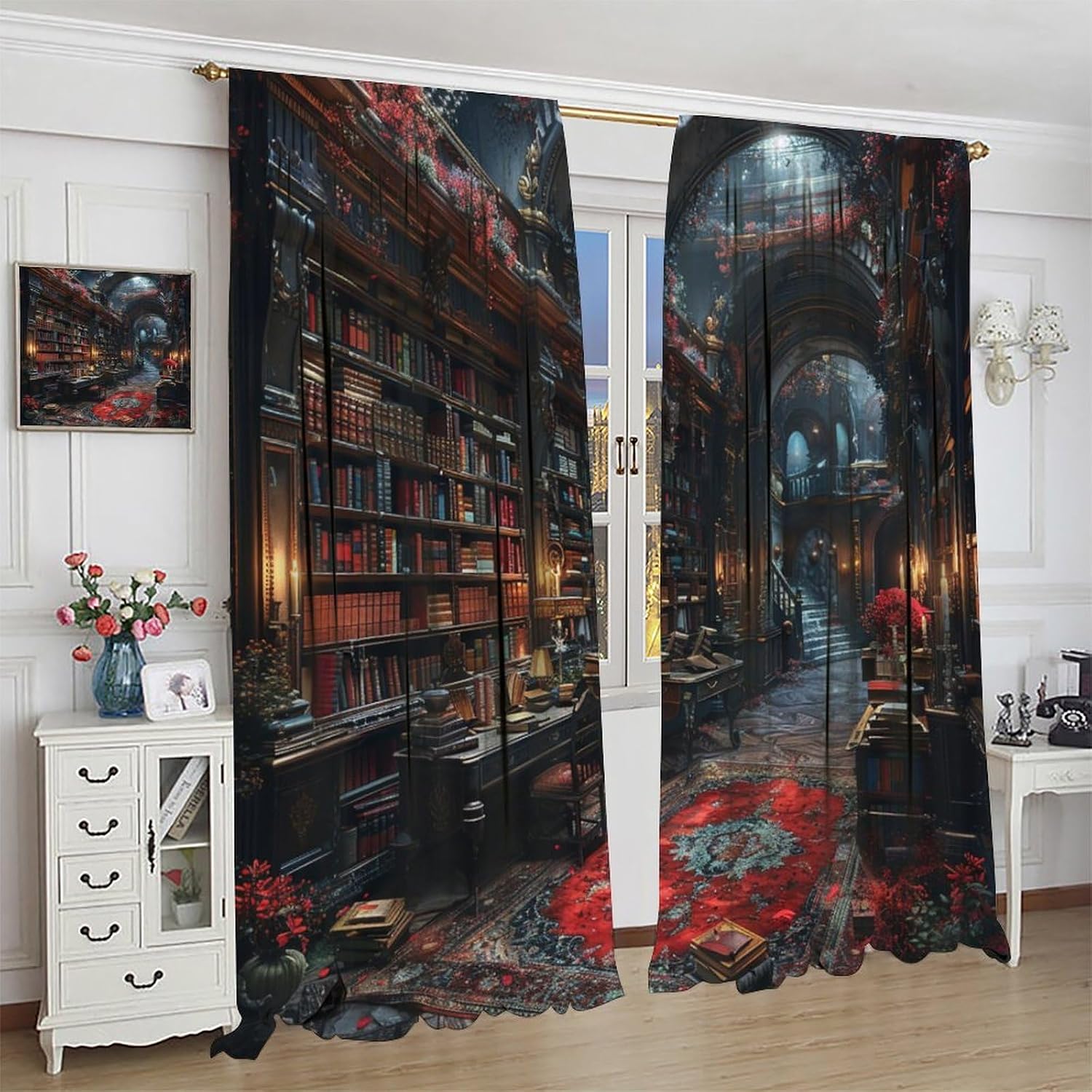 Vintage Library Fantasy Blackout Curtains for Bedroom/Living Room, Romantic Floral Plant Bookshelf Thermal Insulated Curtains Rod Pocket Window Drapes, 2 Panels/Each 21" W x 45" L