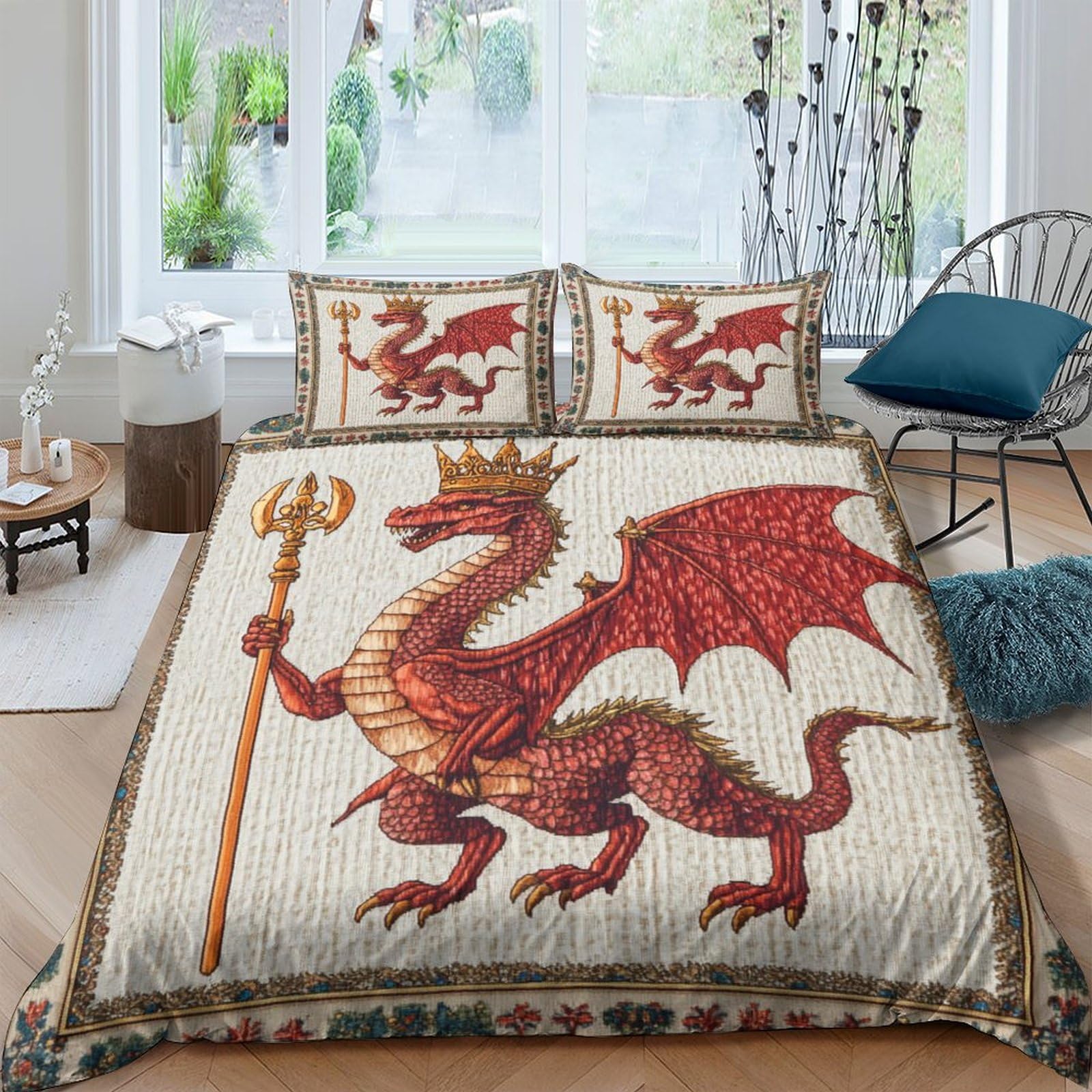 Ctamm Style-8 Medieval Style 3D Printed Duvet Cover Microfibre For Kids Teens Adults Red Welsh Dragon Soft Quilt Covers Easy Care Bedding Sets With Pillowcase King（220X240cm）
