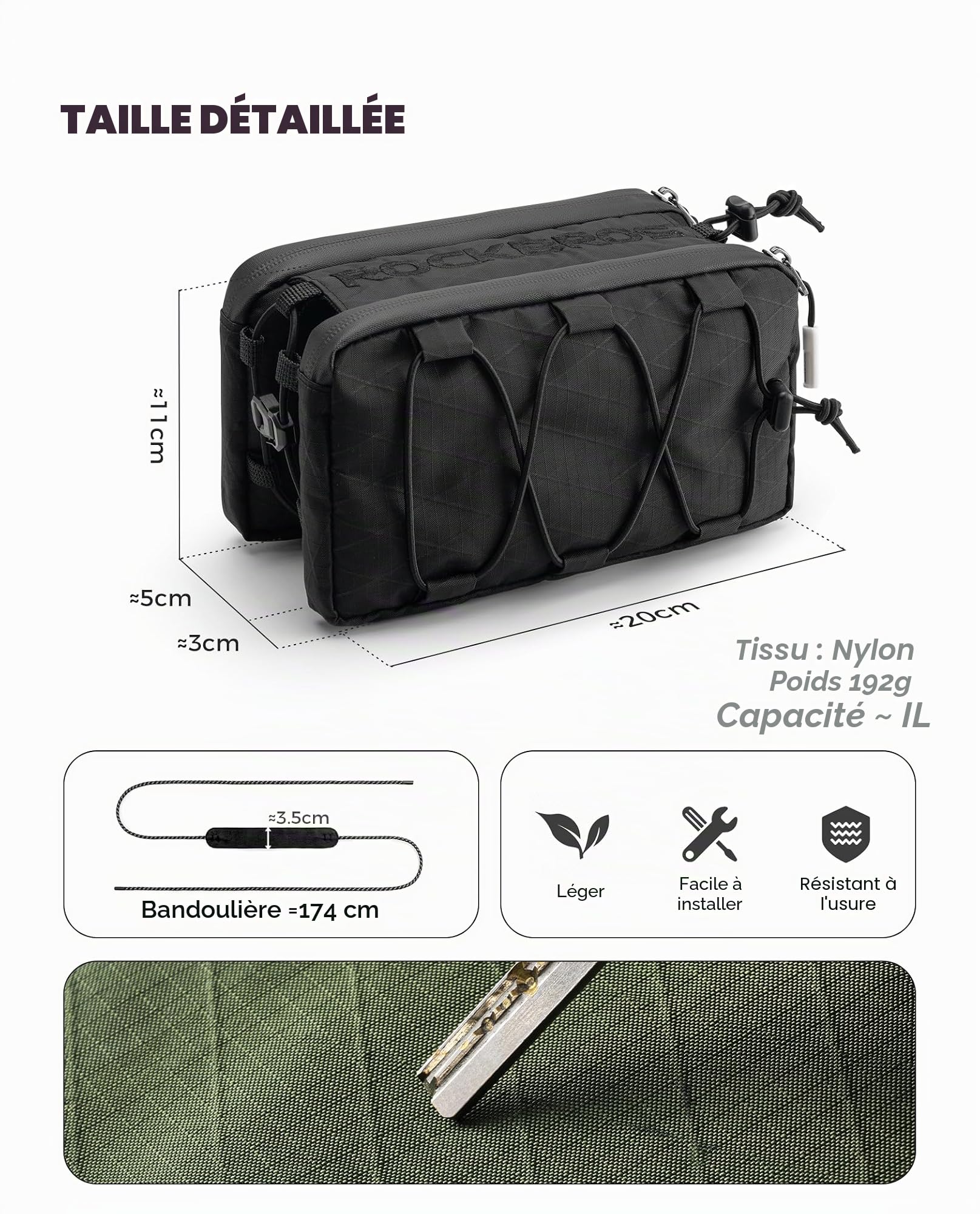 ROCKBROS Sacoche pour Cadre de Vélo, Sacoche pour Tube Supérieur de Vélo de Route MTB, Sacoche 1 L avec Bandoulière, 20 x 11 x 11 cm, Noir Vert Violet Bleu.
