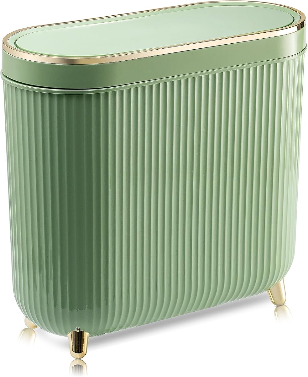 Supteron - Papelera de baño con tapa, 3,2 galones, estrecha, de plástico, pequeño, 12 litros, con tapa tipo prensa, para dormitorio, baño, color verde menta