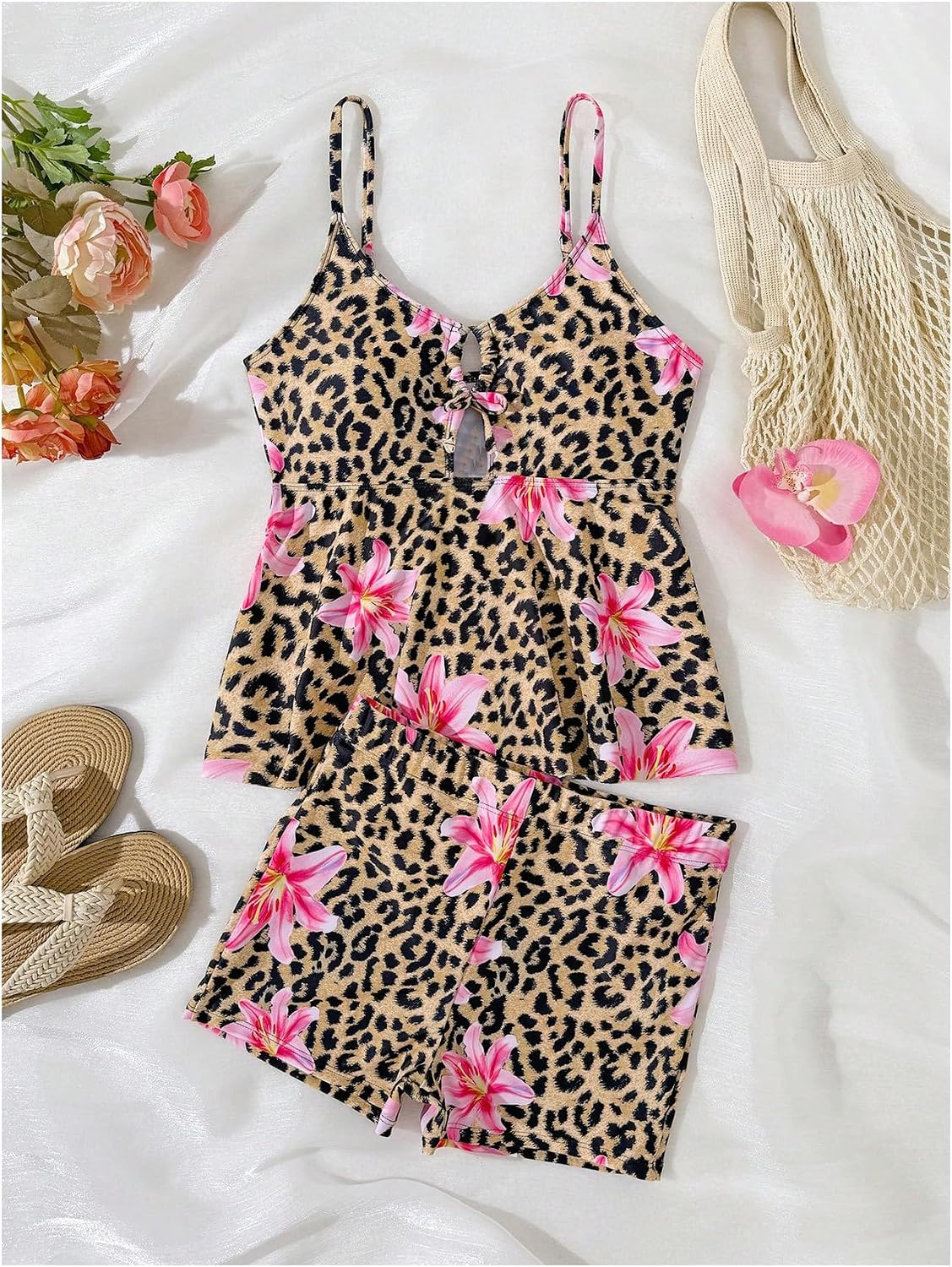 Verdusa Girl's 2 Piece Leopard Floral Tankini Swimsuits Cut Out Babydoll Tops with Boyshort Beach Outfits