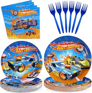 Grencian 96Pcs Racing Car Birthday Decorations for Boys Hot Car Party Plates and Napkins Tableware Sets Hot Cars Birthday Decorations for Kids Race Sports Game Themed Party Favors Supplies Serves 24
