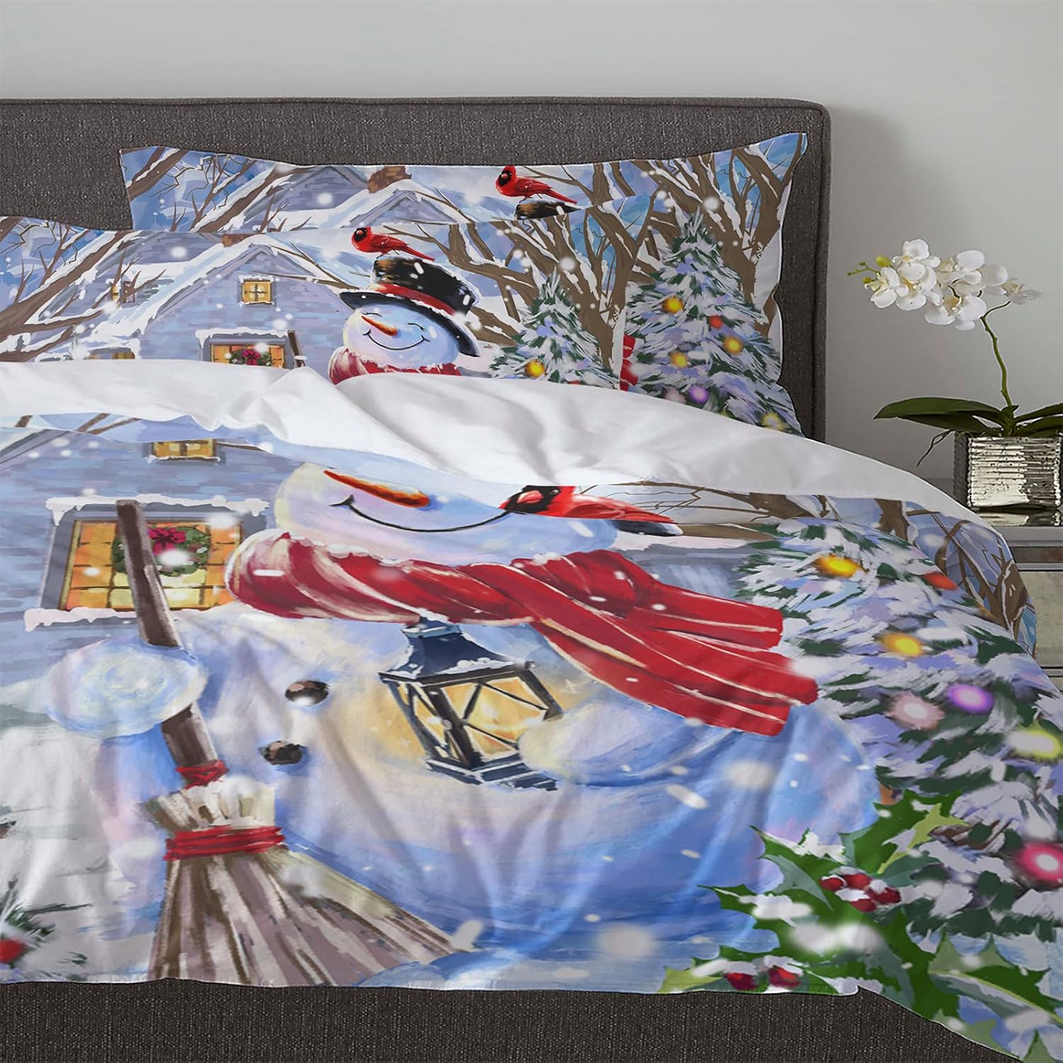 Duvet Cover 3 Piece Bedding Set King Size, Christmas Snowman Cardinals Comforter Set with 2 Pillow Shams, Lightweight Soft Comforter Cover, Winter Wonderland