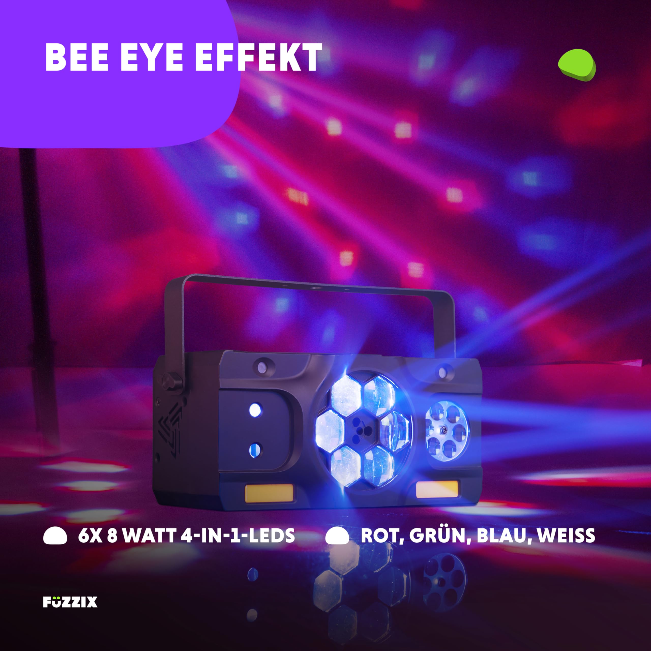Fuzzix Stellar2 LED Discolicht Partylicht | 5-in-1 Lichtorgel Musikgesteuert LED mit RGBW Gobos, Bee-Eye Effekt & Doppel-Stroboskop | Disco Licht mit DMX Steuerung, Fernbedienung & Montagebügel