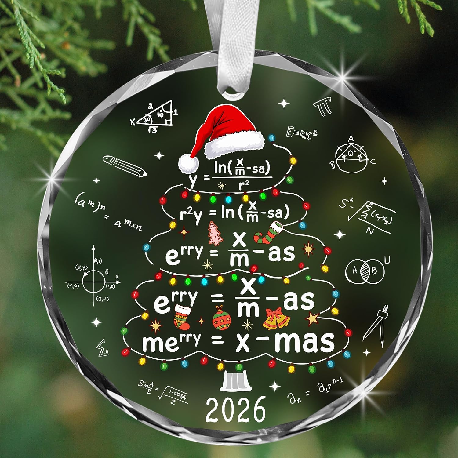 Math Christmas Ornament 2026, 3.1 Inch Glass Ornament, Funny Mathematics Christmas Tree Decoration, STEM Teacher Gift for Math Lovers, Teachers, Students