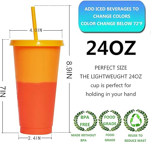 Miniatura 3 de Vasos que cambian de color, paquete de 5 vasos de plástico de 24 onzas, tazas reutilizables para café helado y batido con tapas y pajitas para