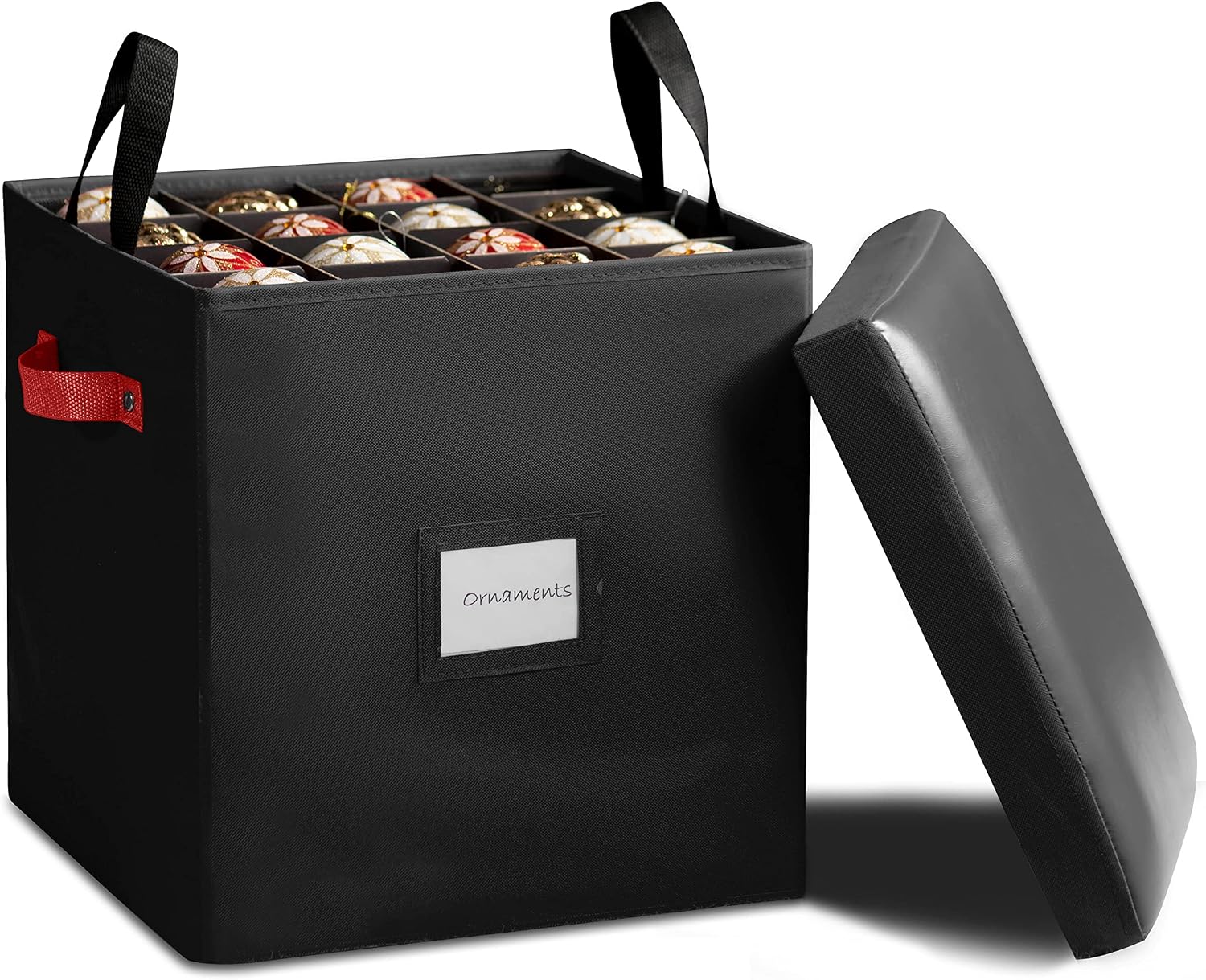 ZOBER Superior Ottoman/Christmas Ornament Storage Box with Dividers & Removable Trays, Fits 64 Ornaments 3-Inch - Ornament Storage Container with Faux Leather Cover Foot-Rest, Stool, (Black)…