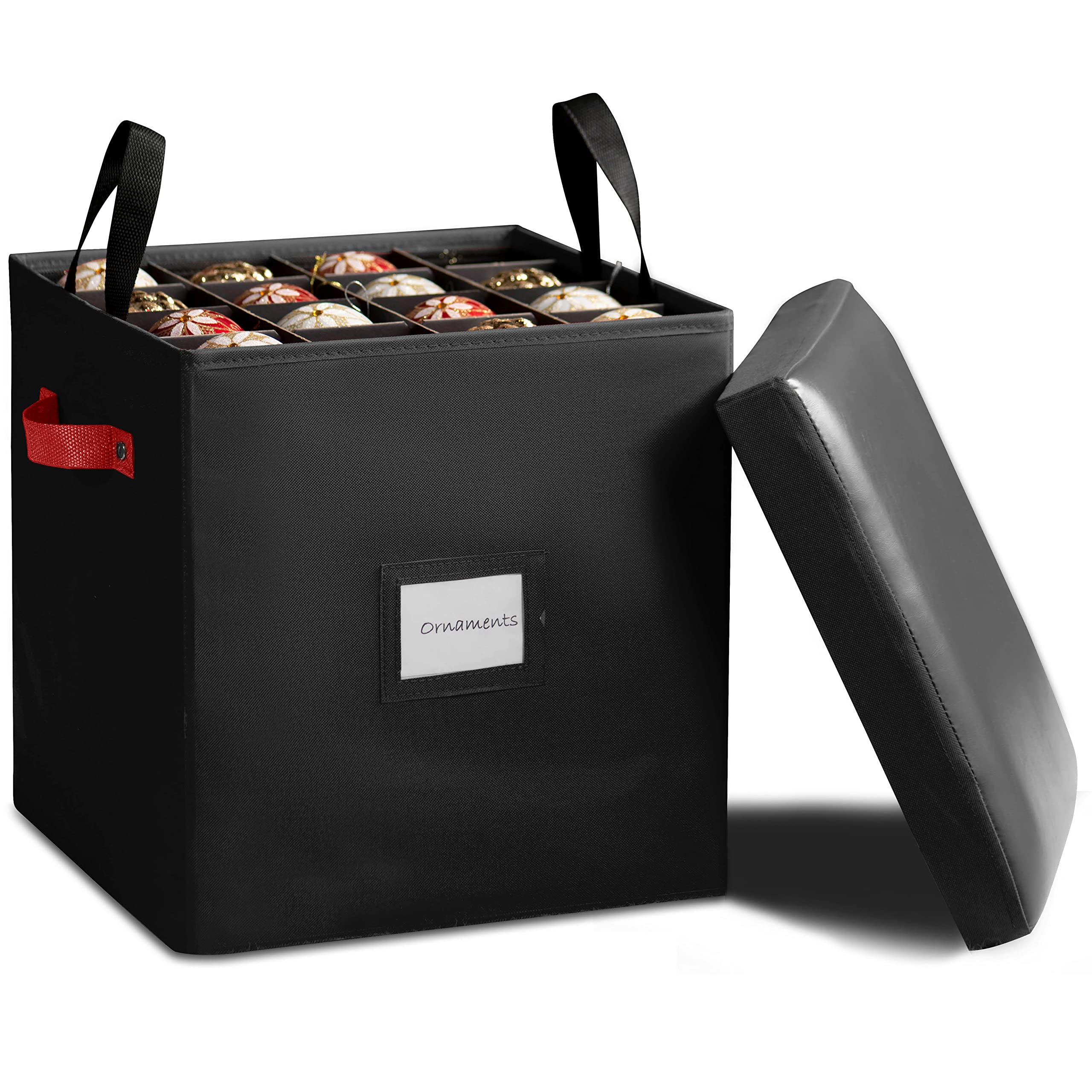 ZOBER Superior Ottoman/Christmas Ornament Storage Box with Dividers & Removable Trays, Fits 64 Ornaments 3-Inch - Ornament Storage Container with Faux Leather Cover Foot-Rest, Stool, (Black)…